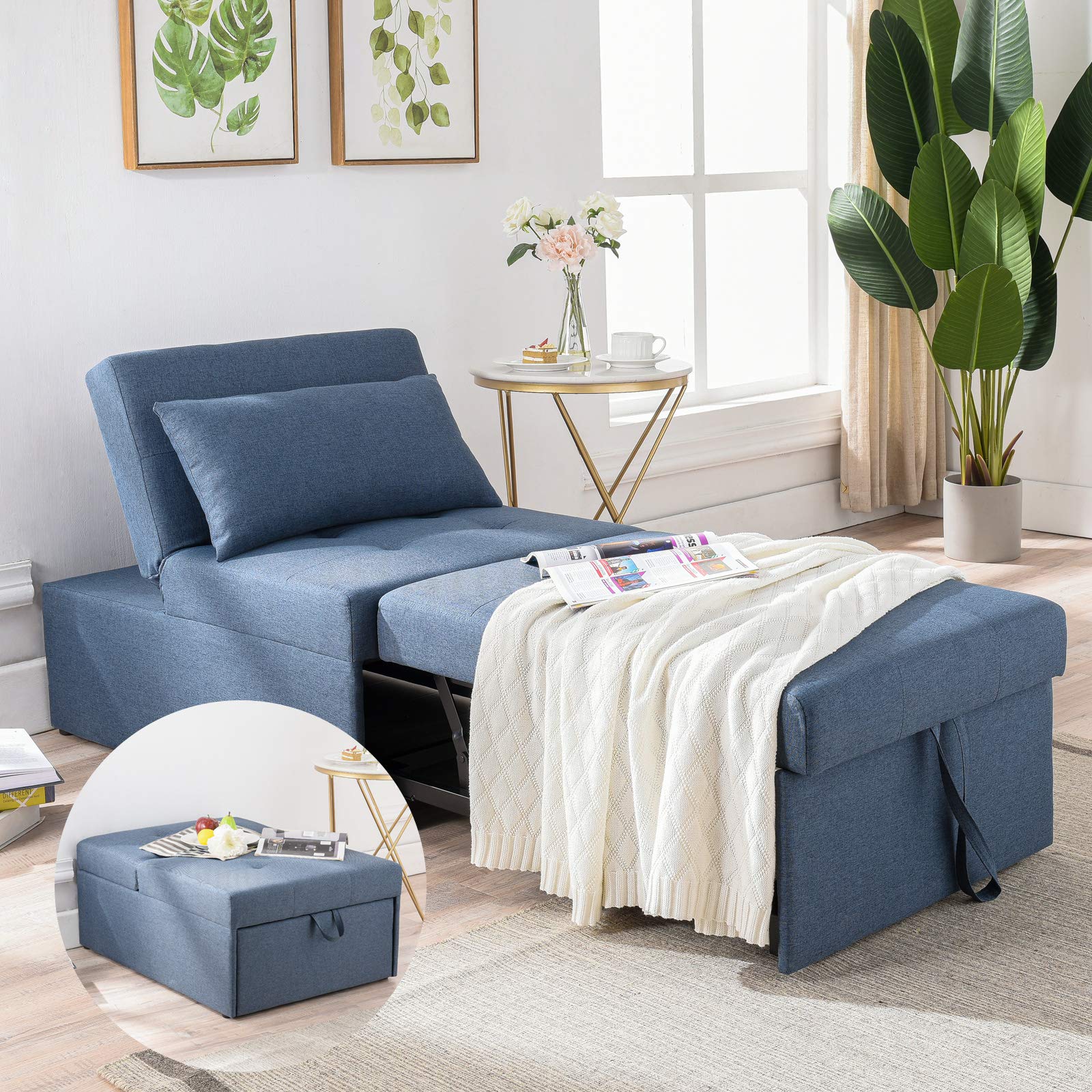 Cozy Castle Convertible Sleeper Chair - 4-in-1 Ottoman Bed with Pull-Out Function, Soft Linen Fabric, Space-Saving Design for Living Rooms, Small Apartments & Guest Rooms (Blue) - Perfect for Overnight Guests, Studio Apartments & Cozy Reading Nooks
