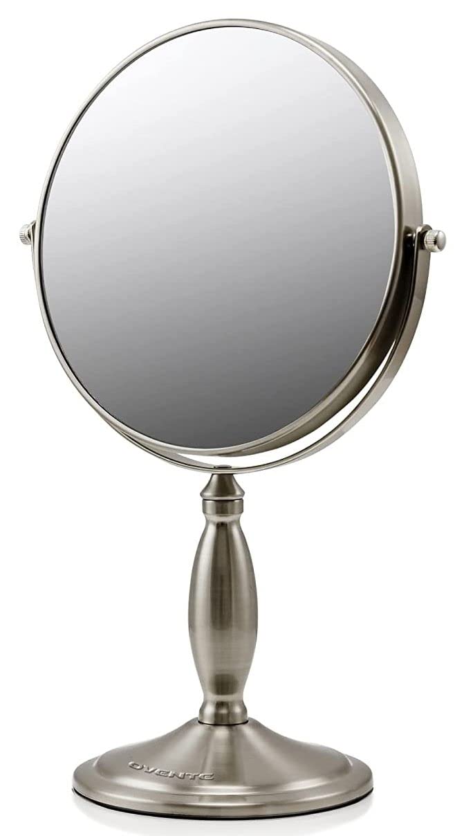 OVENTE 8-Inch Double-Sided Vanity Mirror with 1X & 7X Magnification - 360° Swivel Stand, Brushed Nickel Finish - Perfect for Makeup, Skincare, Grooming at Home, Office or Travel