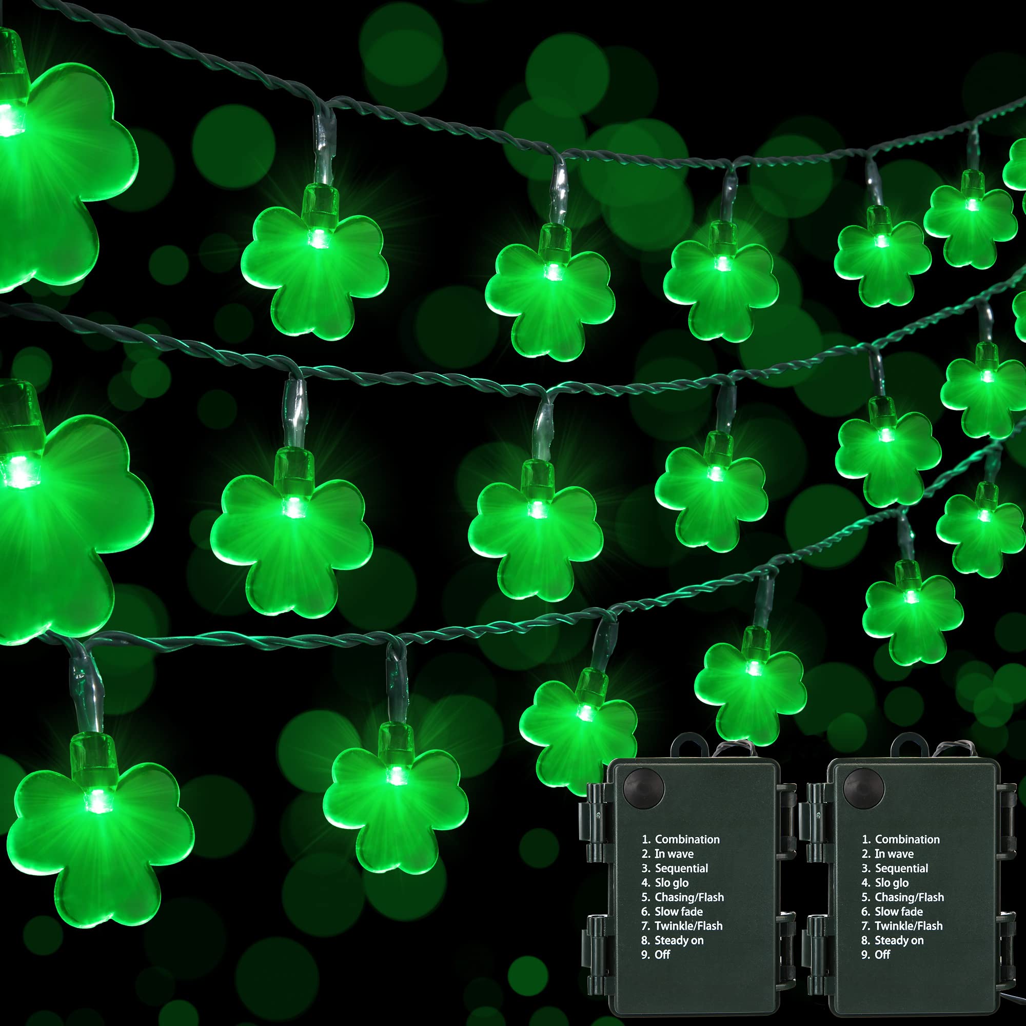 ODEETRONIC 2 Sets Shamrock String Lights - 32.8ft 100 LED Green St. Patrick's Day Lights with Timer & 8 Modes | Battery Operated Green Wire Fairy Lights for Indoor/Outdoor Decor | Perfect for St. Patrick's Day Party, Home, Garden, Wedding, and Holiday Decorations