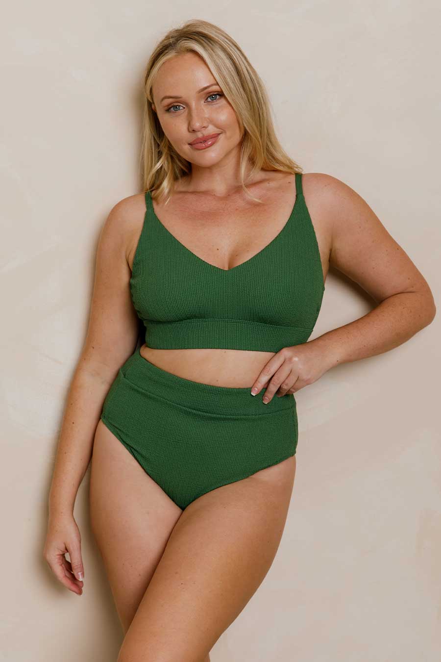 Byron High Waisted Bikini Bottom - Khaki Texture Swimwear for Women | Beach, Pool & Summer Vacation Essentials