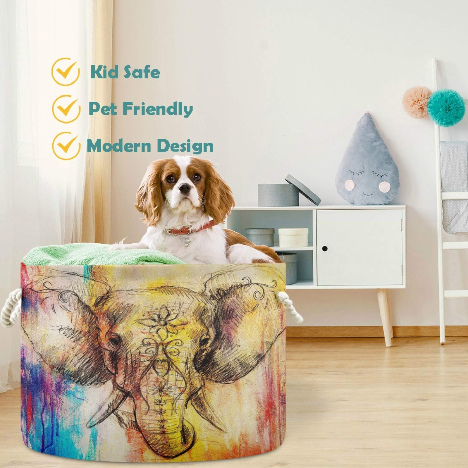 Visesunny Elephant Floral Nursery Storage Basket - Canvas Fabric Toy Organizer Bin, Laundry Hamper for Kids Room, Playroom, Shelves | Perfect for Baby Clothes, Stuffed Animals & Toy Storage
