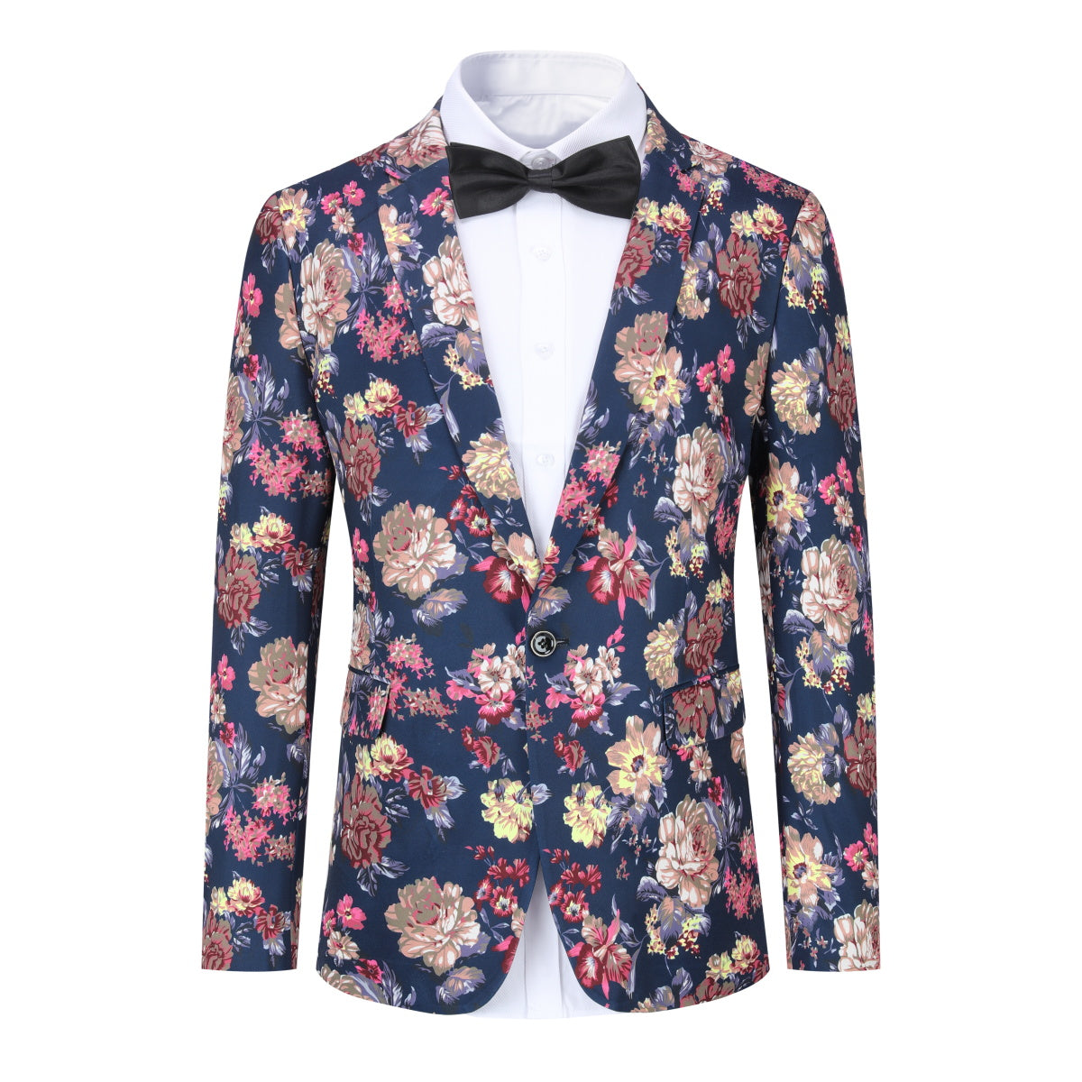 2 Piece Slim Fit Floral Print Suit for Men - Navy Blue Business Formal Wear - Perfect for Office, Wedding & Special Occasions