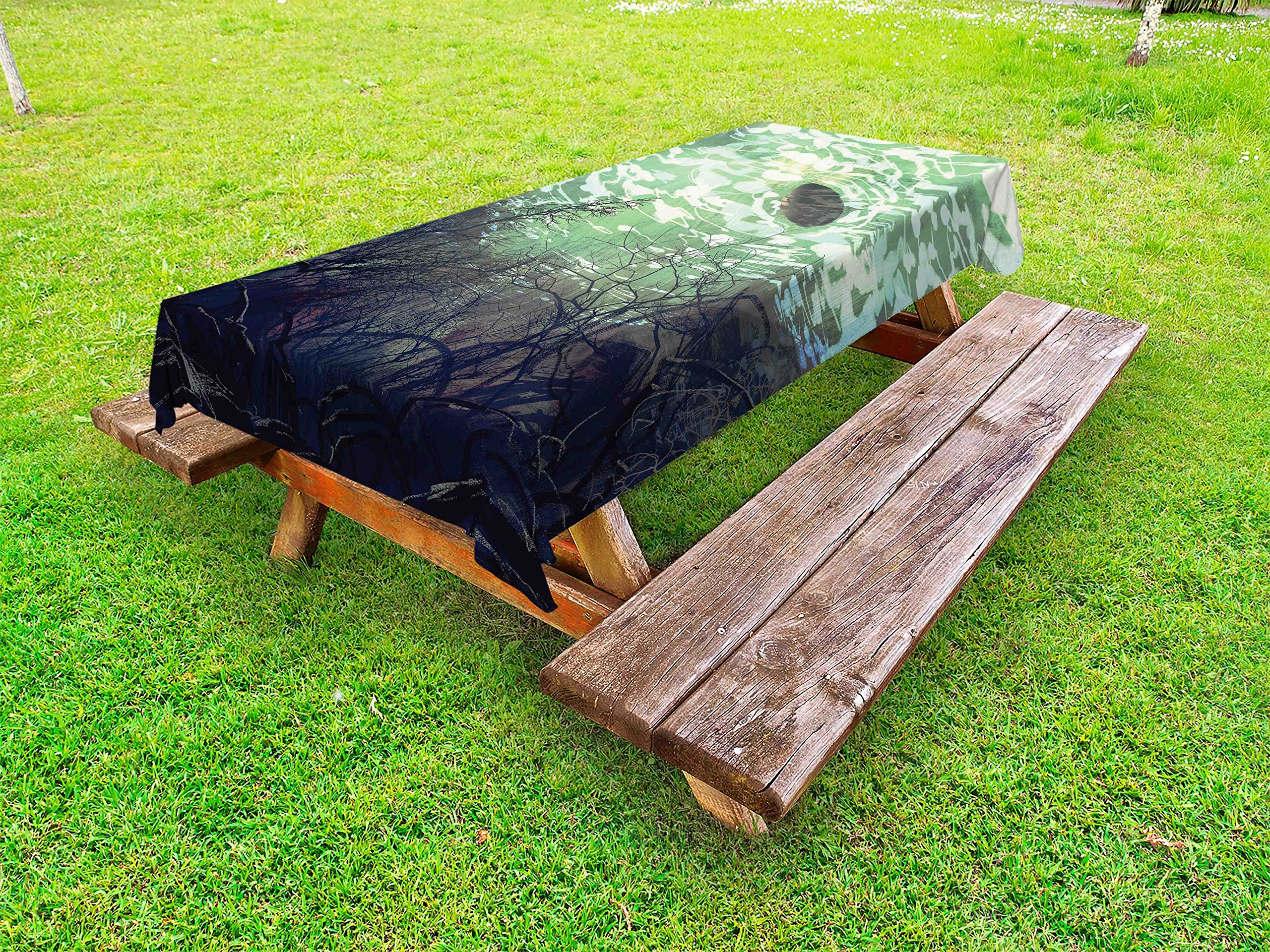 Ambesonne Waterproof Outdoor Tablecloth - Underwater Fantasy World with Sun Reflections, Tree Branches & Waves Digital Print - 58