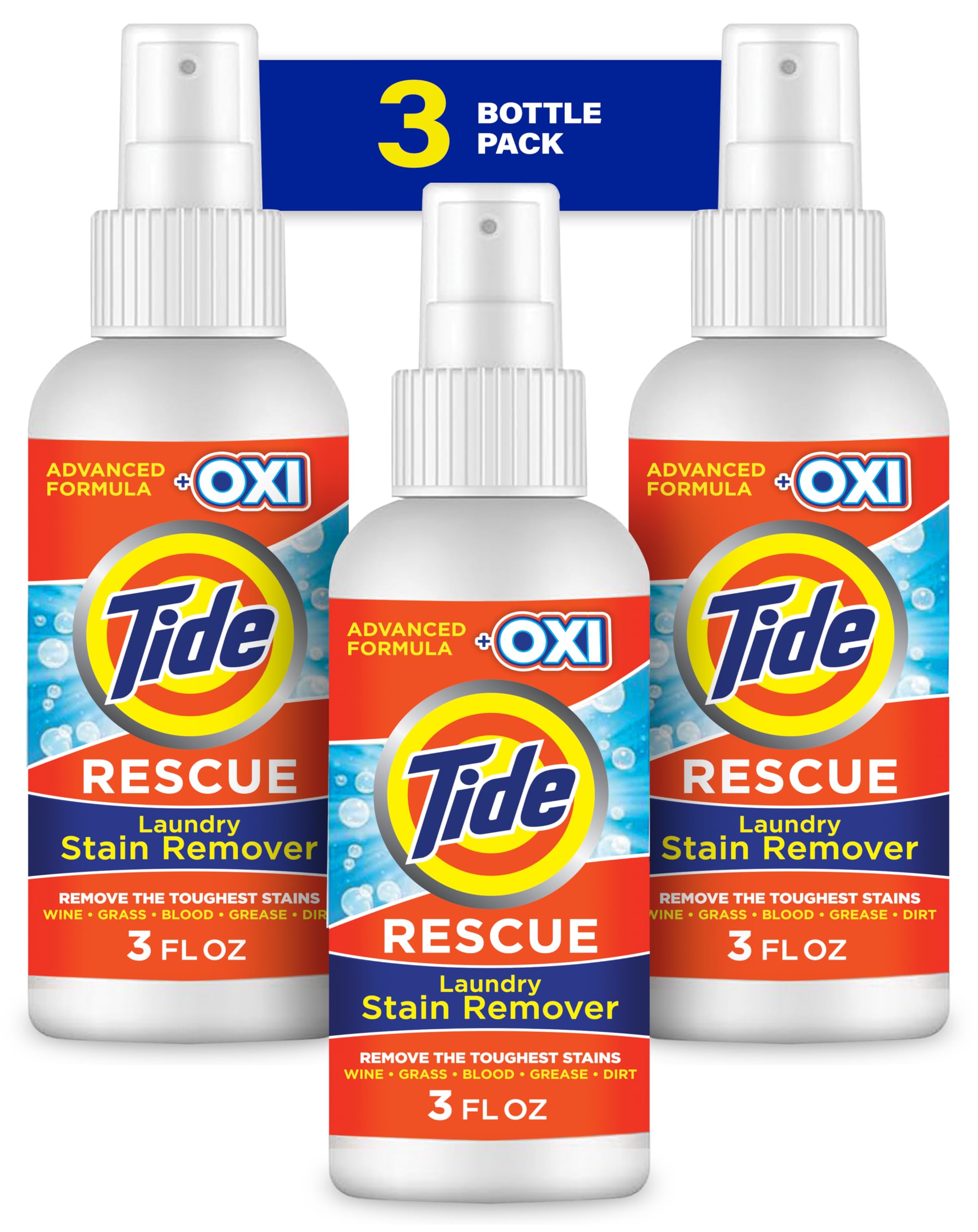 Tide Oxi Laundry Stain Remover Spray - 3 Oz (Pack of 3) | Powerful Stain Treater for Clothes, Carpet, Upholstery & Pet Bedding | Removes Tough Stains from Wine, Coffee, Grease | Perfect for Travel, Home & Outdoor Use