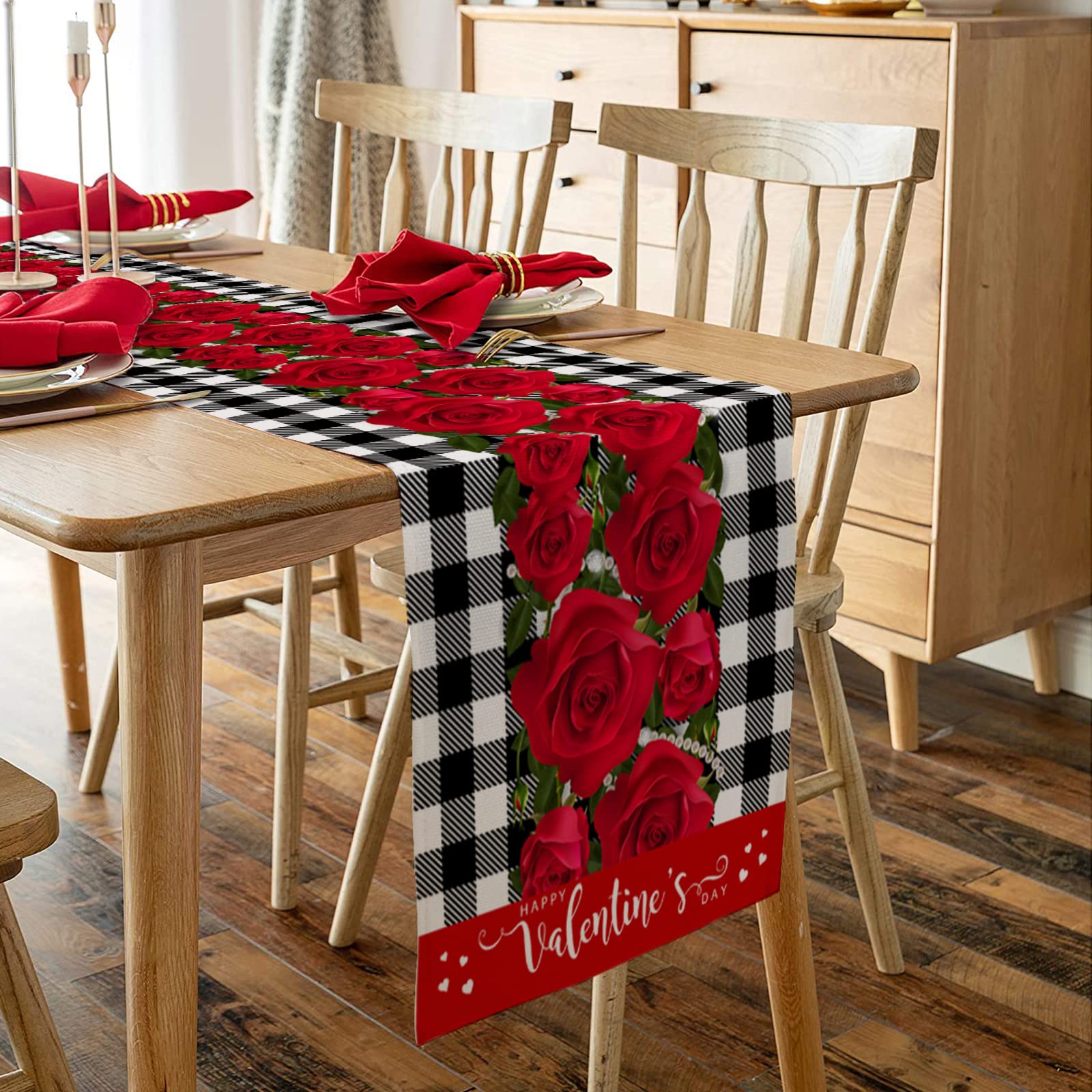 Valentine's Day Table Runner 18x72 Inch - Rose Buffalo Plaid Cotton Tablecloth for Wedding, Party & Home Decor - Coffee & Dining Table Scarf - Romantic Home Decoration for Valentine's, Anniversary & Special Occasions