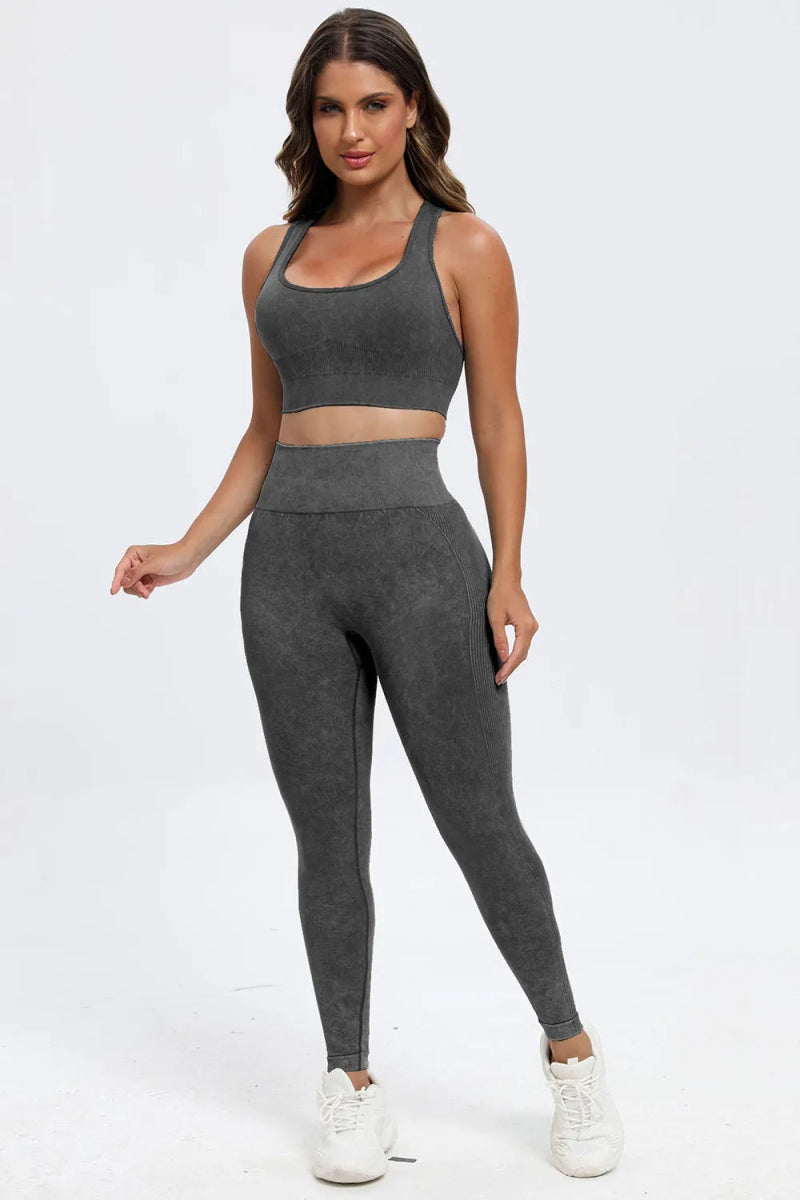 3 Piece Washed Square Neck Wide Strap Active Set for Women - Gym, Yoga & Lounge Wear - Comfortable Workout Outfit for Running & Pilates