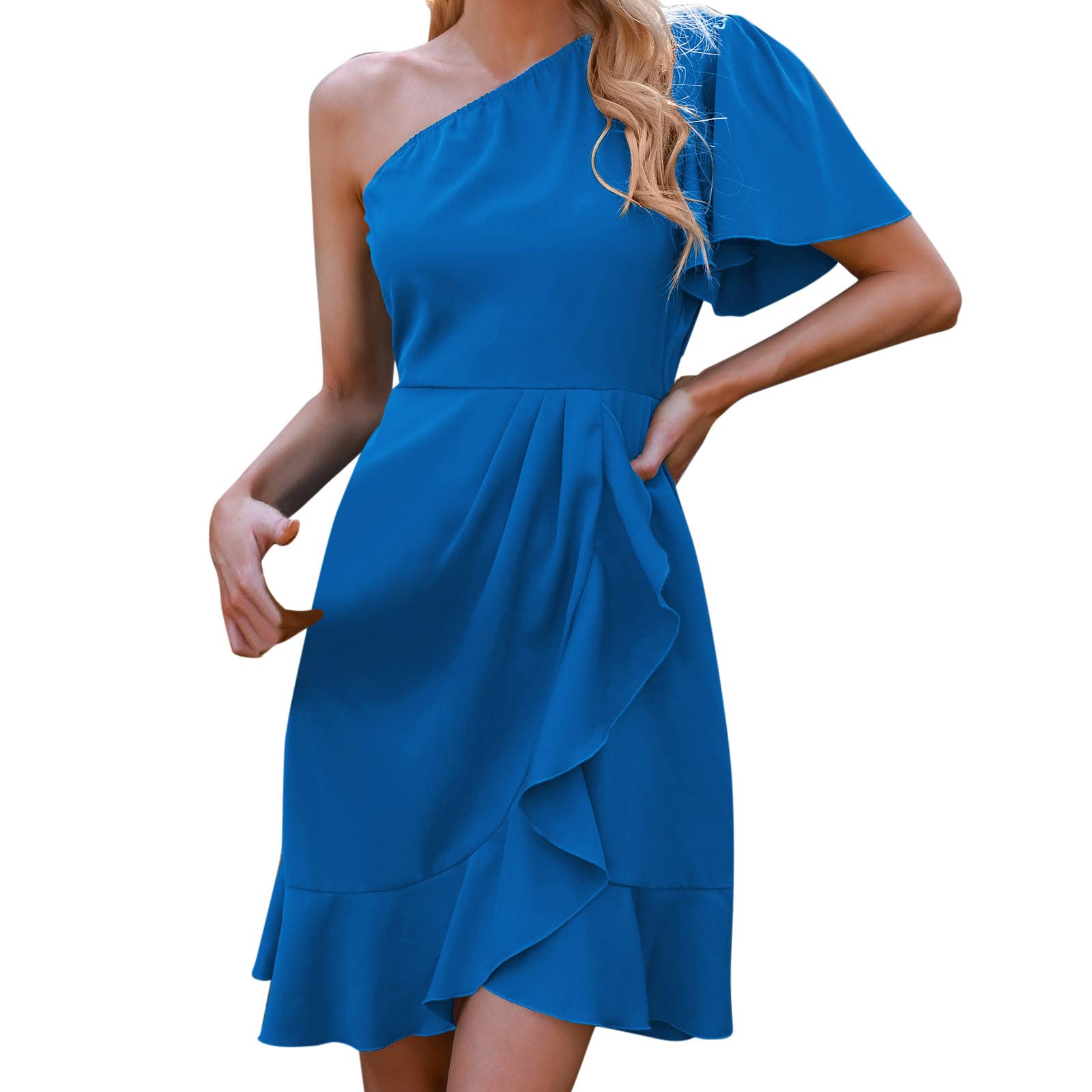DGTVVR Women's Sexy One Shoulder Ruffled Mini Dress - Summer Loose Plain Short Sleeve Asymmetrical Hem Party Dress | Perfect for Beach Vacations, Date Nights & Club Outings