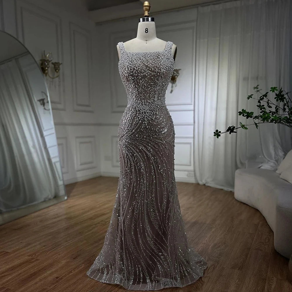 Elegant White Nude Spaghetti Strap Mermaid Evening Gown with Luxury Pearl Beading - Women's Formal Dress for Wedding, Prom & Special Occasions
