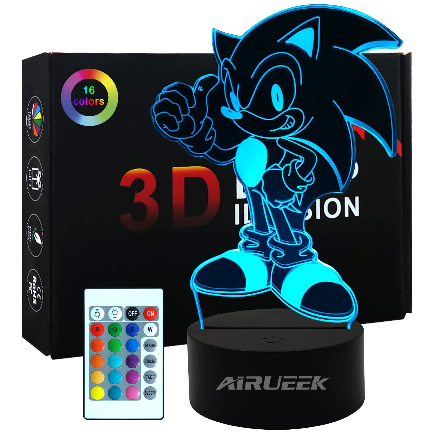 3D Illusion Sonic Hedgehog Night Light - 16 Adjustable Colors with Remote Control, LED Sonic Lamp for Kids Room Decor, Perfect Gift for Boys & Girls (Christmas, Valentine's Day) - Bedroom, Nursery, Game Room Lighting