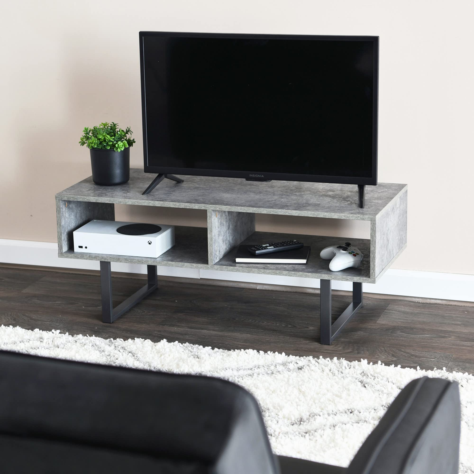 Rustic Slate Concrete & Black Metal TV Stand Coffee Table with Storage Compartments - Modern Farmhouse Living Room Furniture for TV, Books & Decor Organization