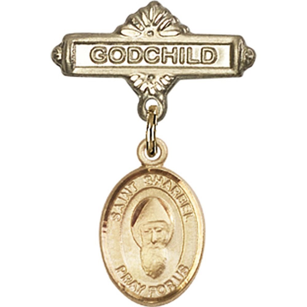Bonyak Jewelry Gold Filled Saint Medal Collection - St. Sharbel Charm & Godchild Badge Pin (1 X 5/8 inches) - Religious Jewelry for Baptism, First Communion & Spiritual Gifts