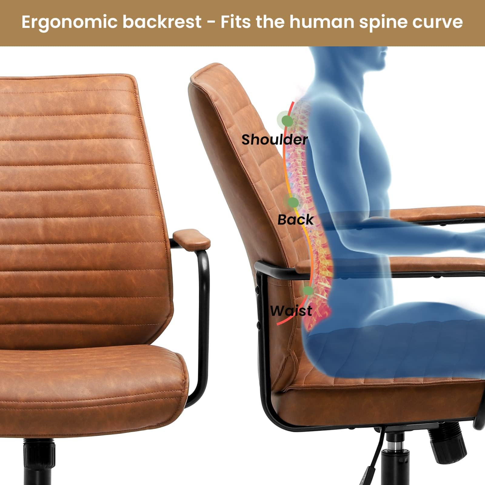 Premium Brown Executive Office Chair - Adjustable Leather Mid Back Swivel Desk Chair with Padded Armrests - 400lbs Weight Capacity - Ergonomic Computer Chair for Home Office, Conference Room & Workspace - Ideal for Professionals & Long Work Sessions