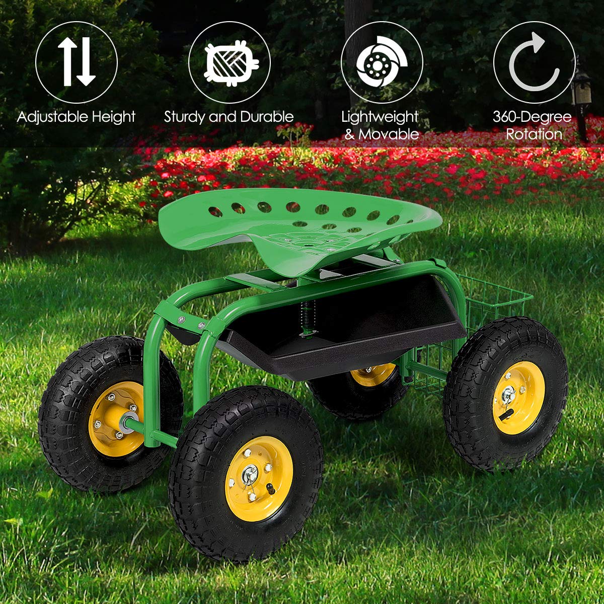 Heavy Duty Garden Cart with Adjustable Swivel Seat - Rolling Work Seat for Planting, Gardening, and Yard Work - Includes Tool Tray & Storage Basket - Perfect for Landscaping, Farm Work, and Outdoor Projects