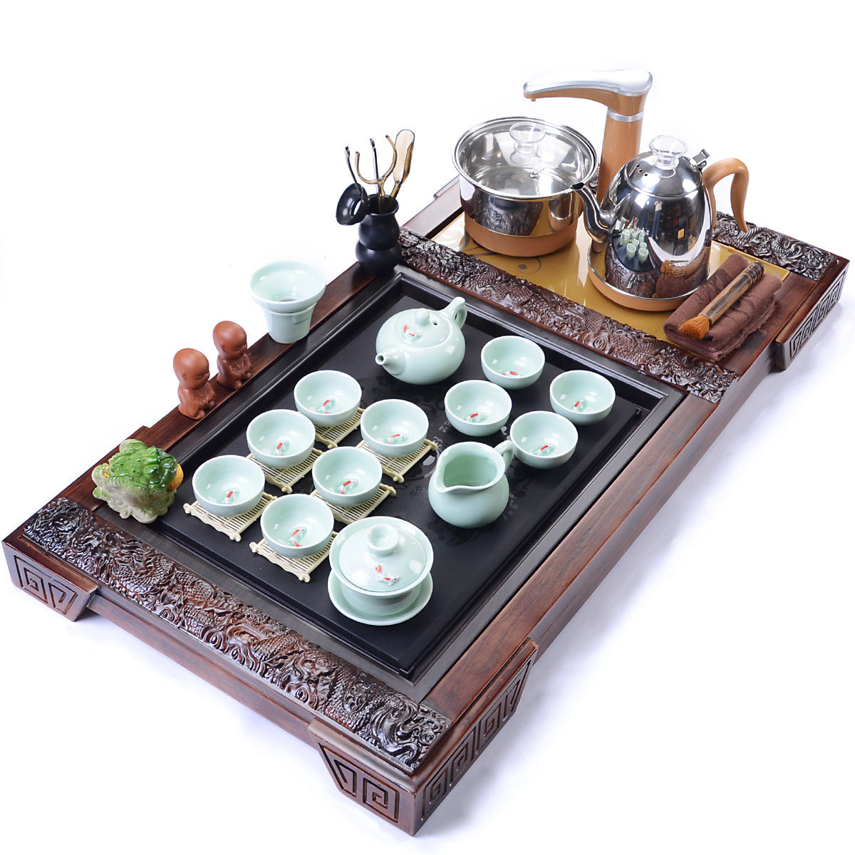 Premium Jade Porcelain Fish Tea Set with Dragon Tea Tray - Chinese Gongfu Tea Ceremony Gift Set for Home & Office Tea Lovers