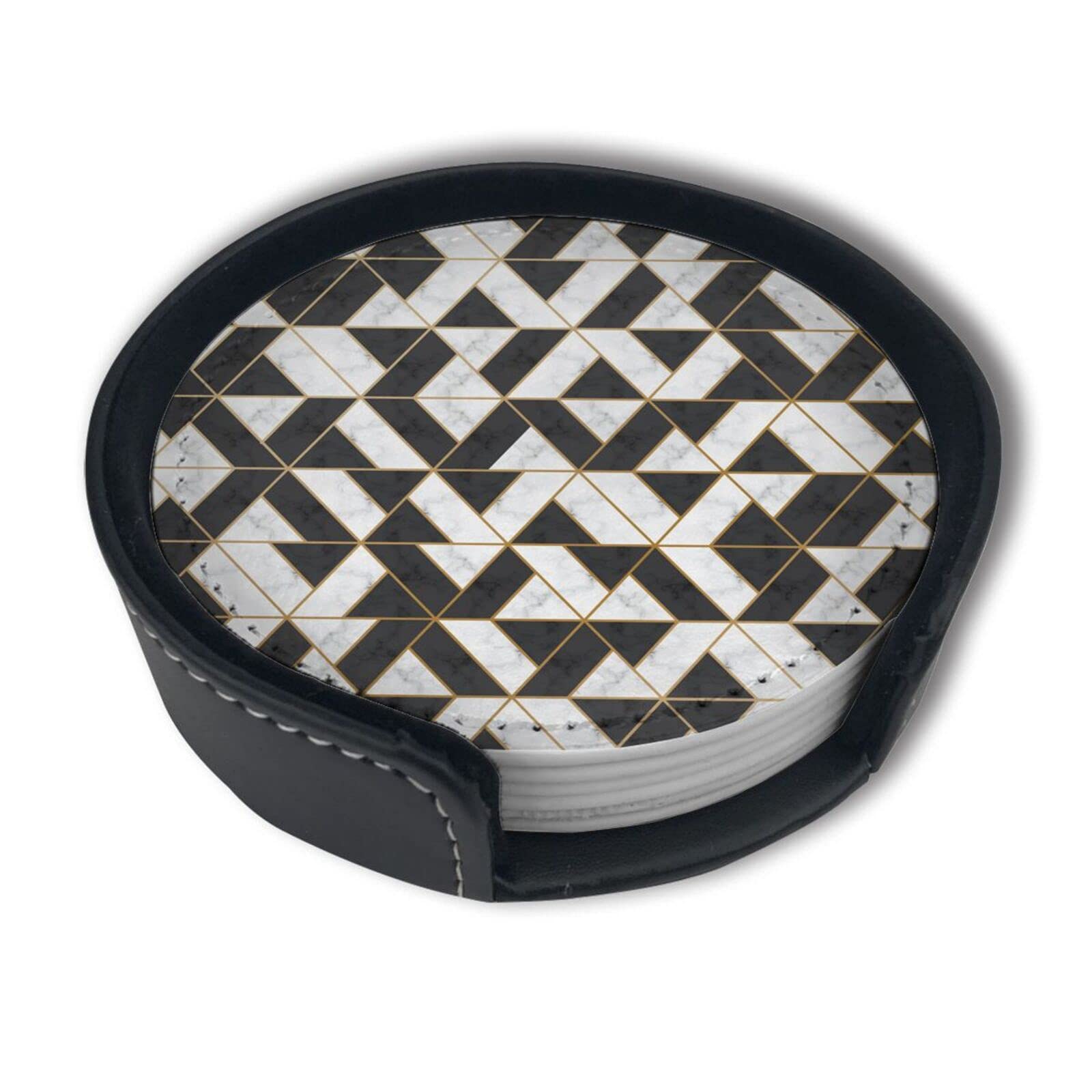 Premium Black White Gold Foil Geometric Leather Coasters with Holder - Set of 6 - Elegant Drink Coasters for Coffee, Wine & Cocktail Glasses - Perfect for Home, Office & Party Decor