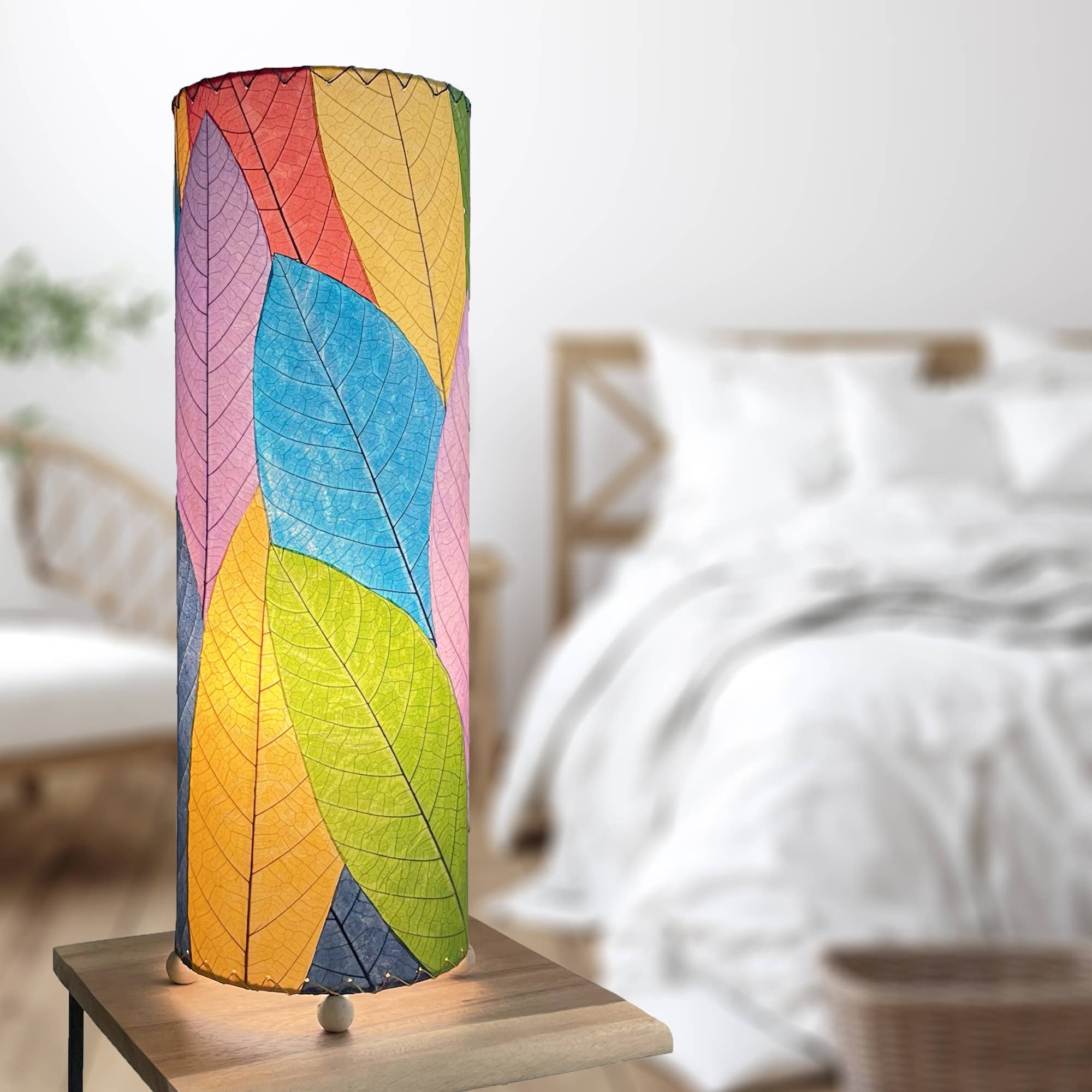 24 Inch Cocoa Leaf Cylinder Table Lamp - Modern Boho Nightstand Lamp for Bedroom, Living Room & Office Decor - Natural Rattan Shade with Warm White Light