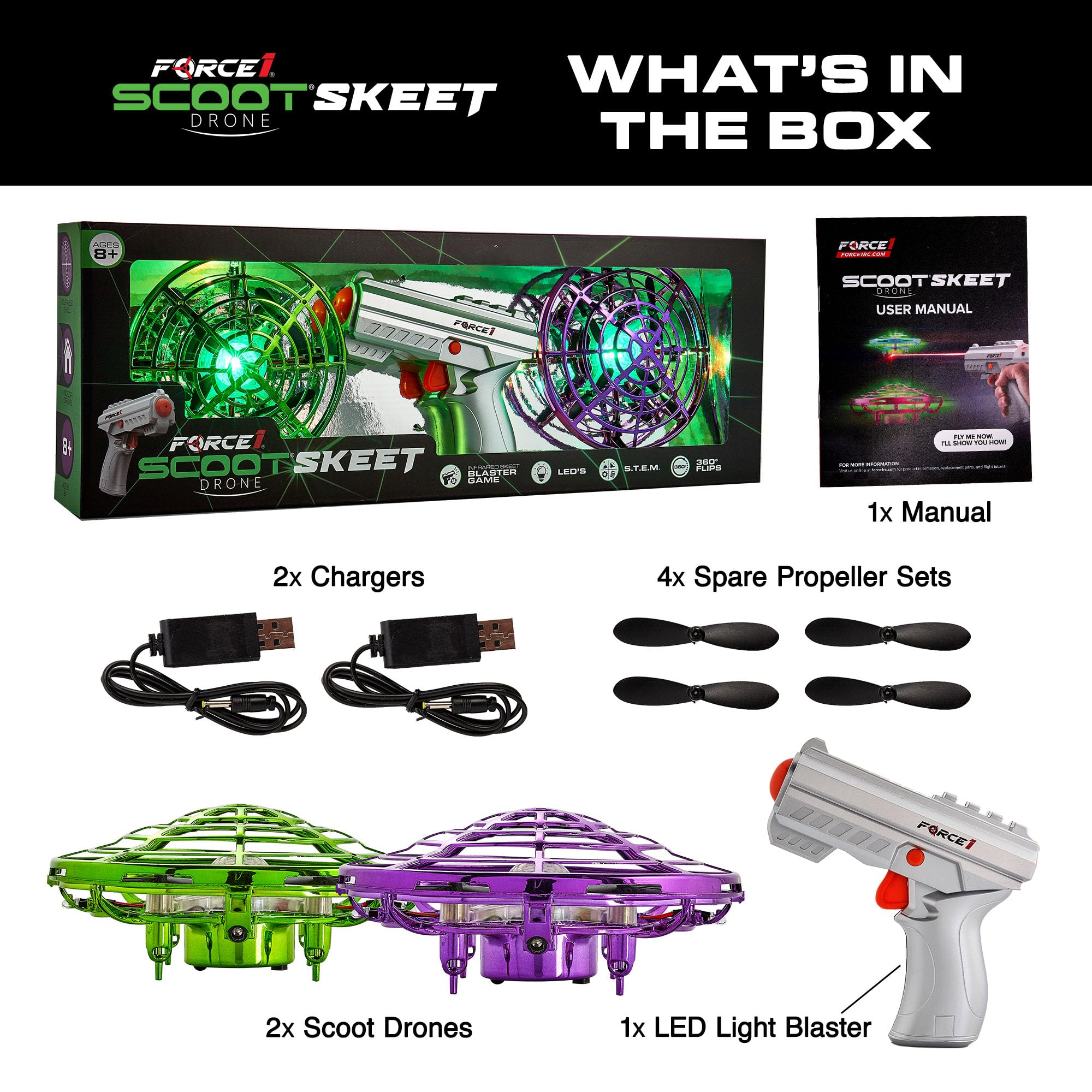 Force1 Scoot Skeet 3pk Mini Drone Set with LED Toy Gun - Electronic Shooting Target Game for Kids & Adults, Indoor Flying Ball Toys (Purple/Green) - Perfect for Birthday Gifts, Family Game Nights & STEM Learning Activities
