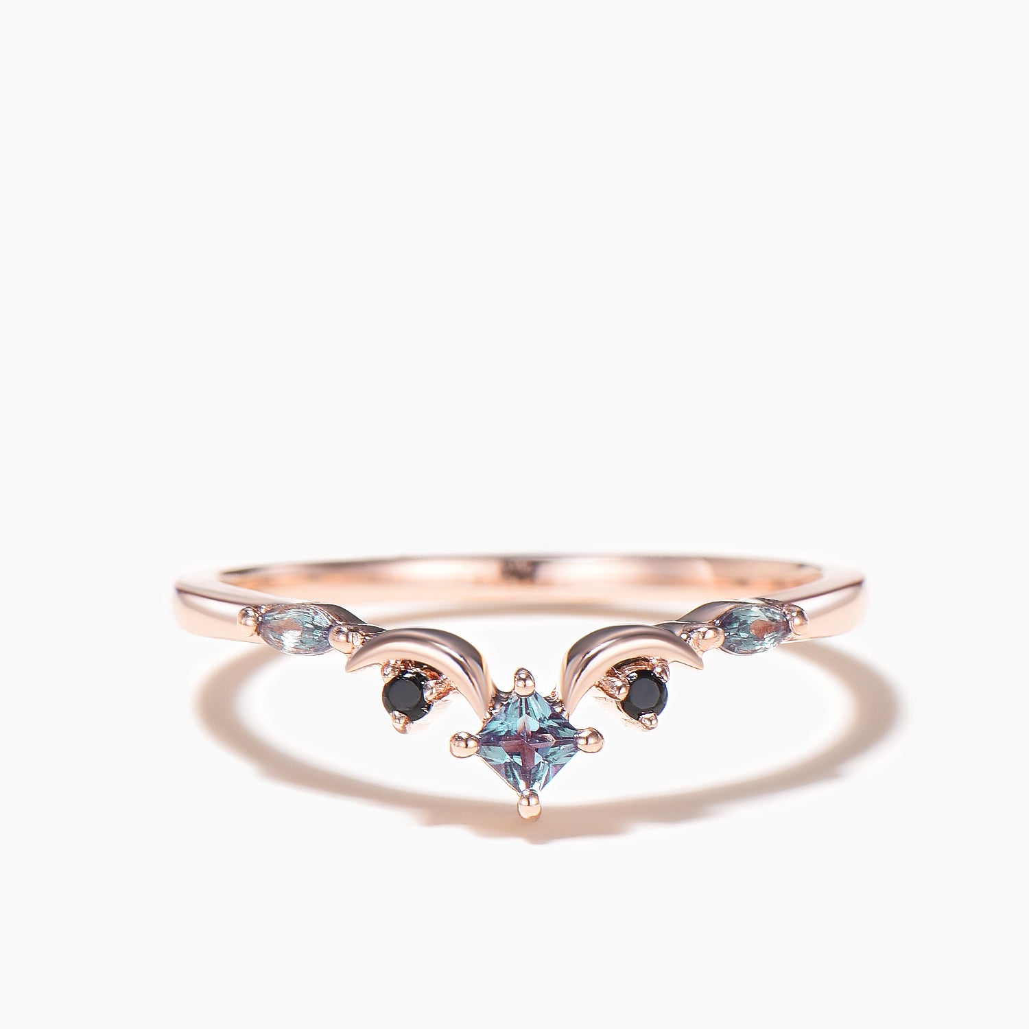 Princess Cut Color Changing Alexandrite Wedding Band with Black Spinel - Elegant Moon Ring for Engagement, Anniversary & Special Occasions