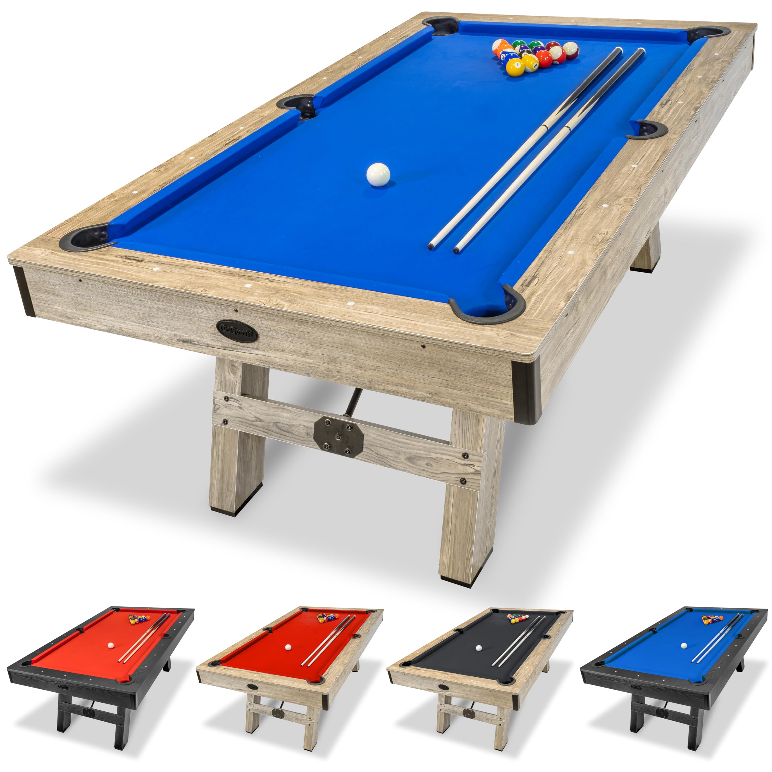 GoSports 7 ft Wooden Pool Table with 2 Cue Sticks, Balls, Rack & Accessories - Modern Billiards Table for Home Game Room, Bar or Office Entertainment
