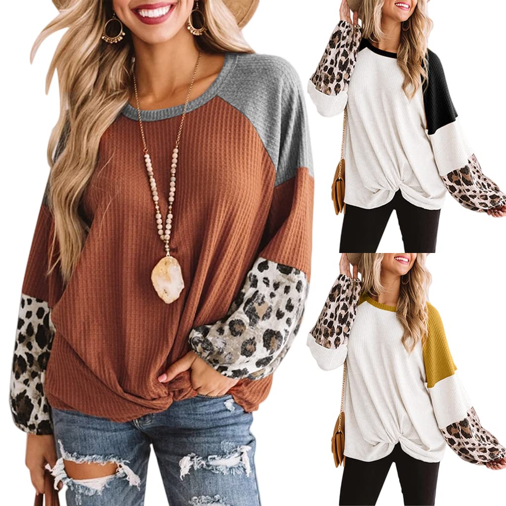 Coloody Women's Waffle Knit Tunic Top - Leopard Print Long Sleeve Blouse with Twist Knot Detail | Casual Loose Fit Shirt for Fall & Winter | Perfect for Office, Date Night & Weekend Outings