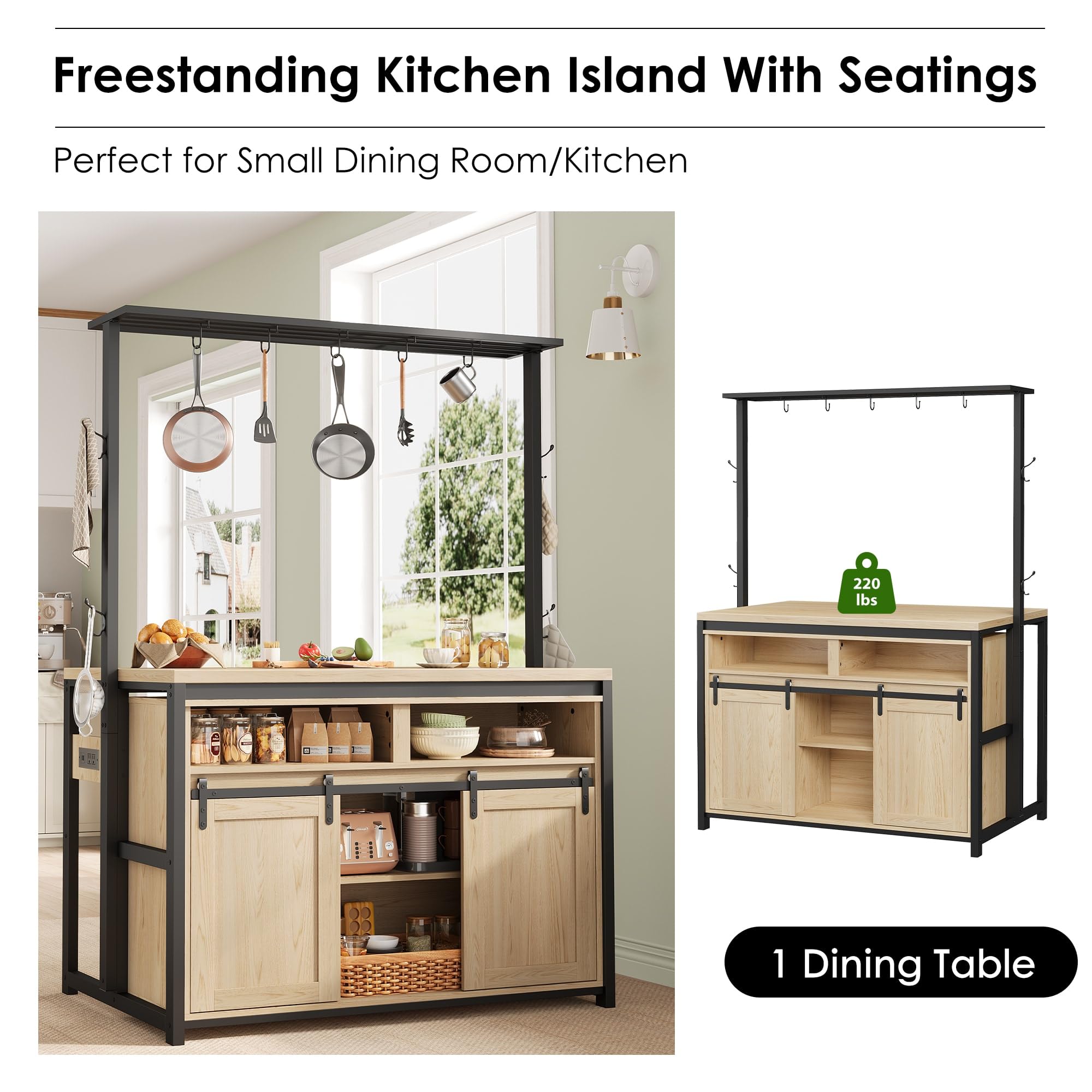 GAOMON Wooden Kitchen Island with Sliding Barn Door - Heavy Duty Large Kitchen Cabinet with 4 Hooks & Storage | Multi-Functional Bakers Rack for Dining Room & Kitchen | Perfect for Entertaining, Food Prep & Extra Storage Space