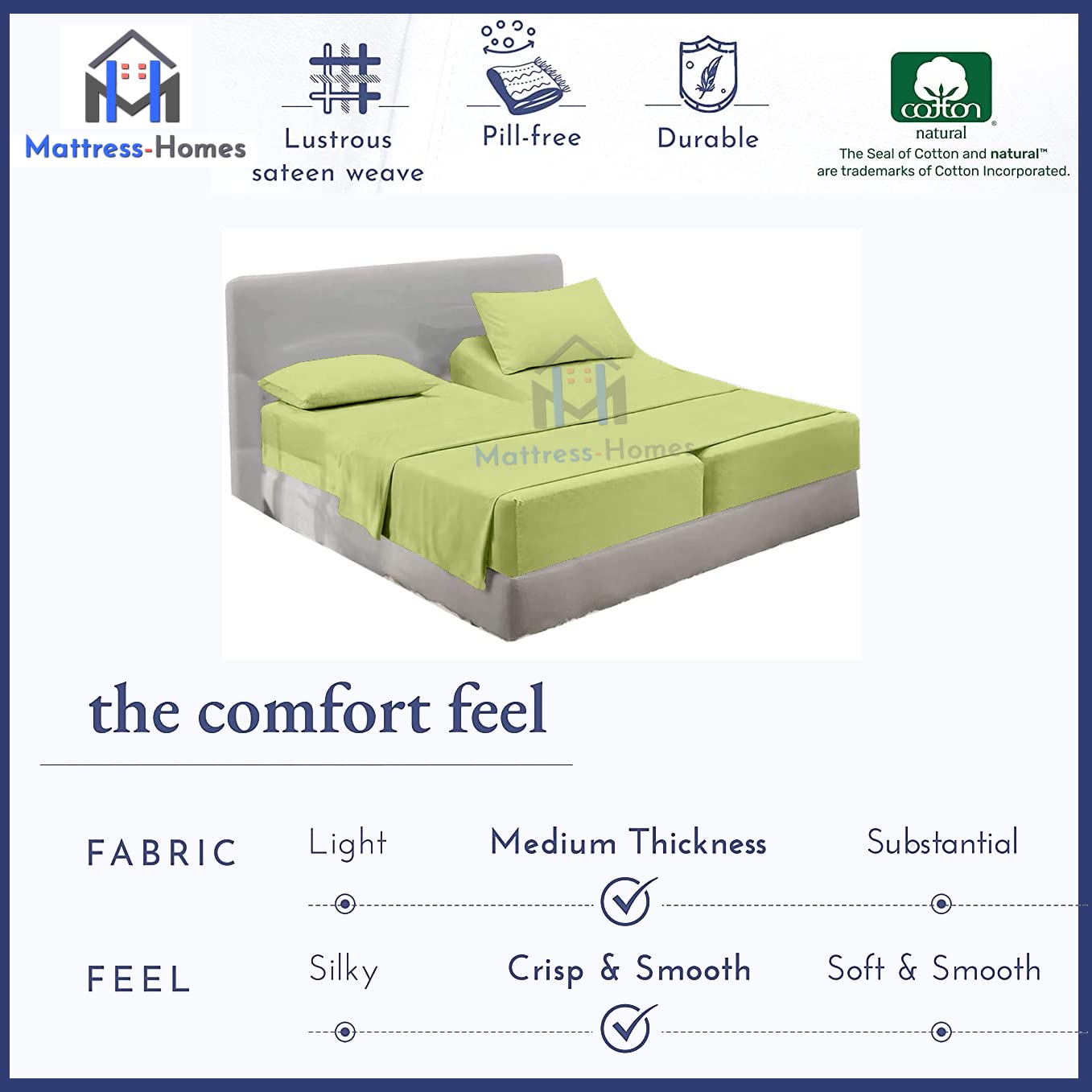 Split King Sheets Set - 5 Piece 600 Thread Count 100% Long Staple Soft Combed Cotton for Adjustable Beds - Sage Green - Perfect for Sleep Comfort & Adjustable Bed Frames