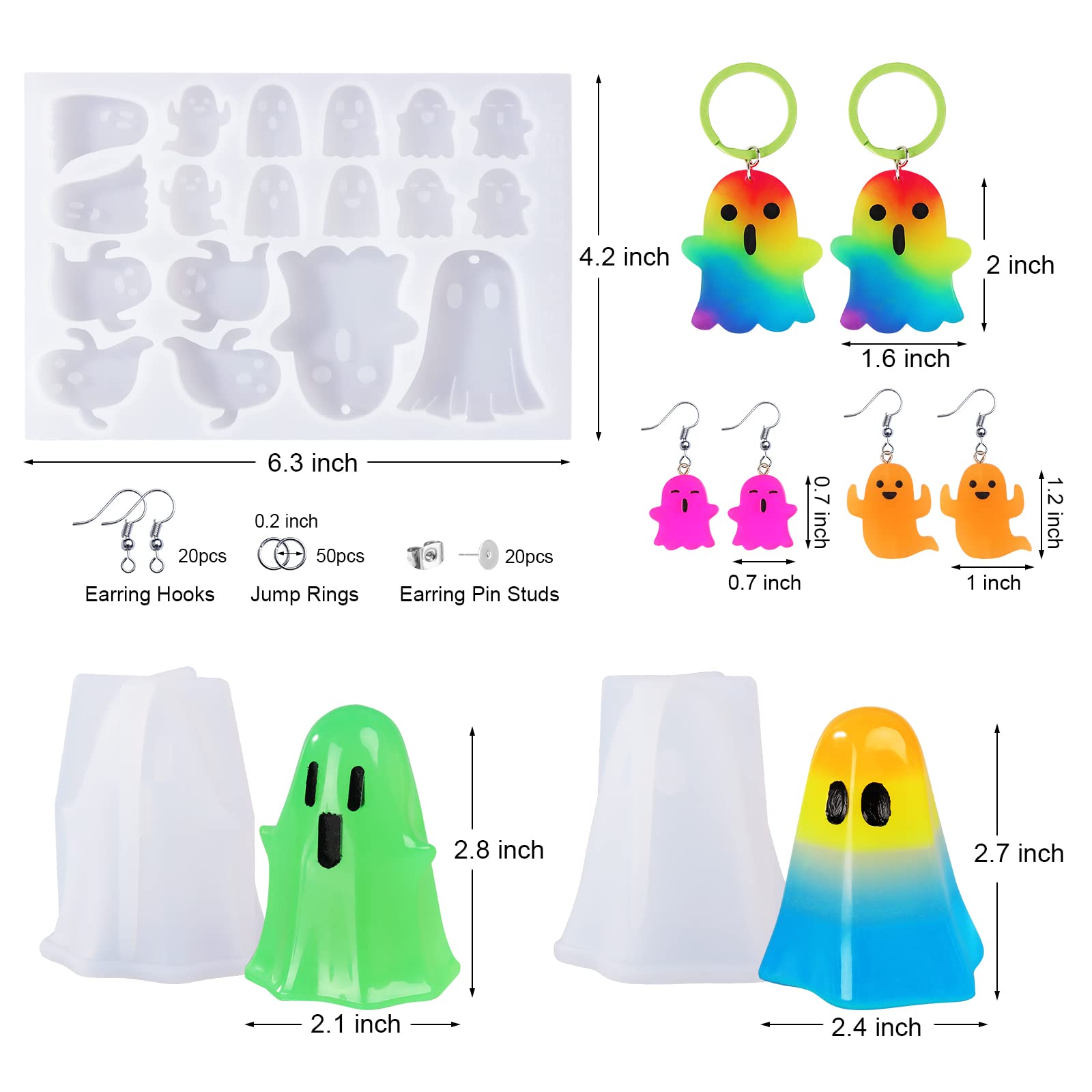 LET'S RESIN Ghost Shape Silicone Earring Molds for Epoxy Resin DIY - Includes Jump Rings & Accessories - Perfect for Halloween Jewelry, Keychains & Spooky Home Decor