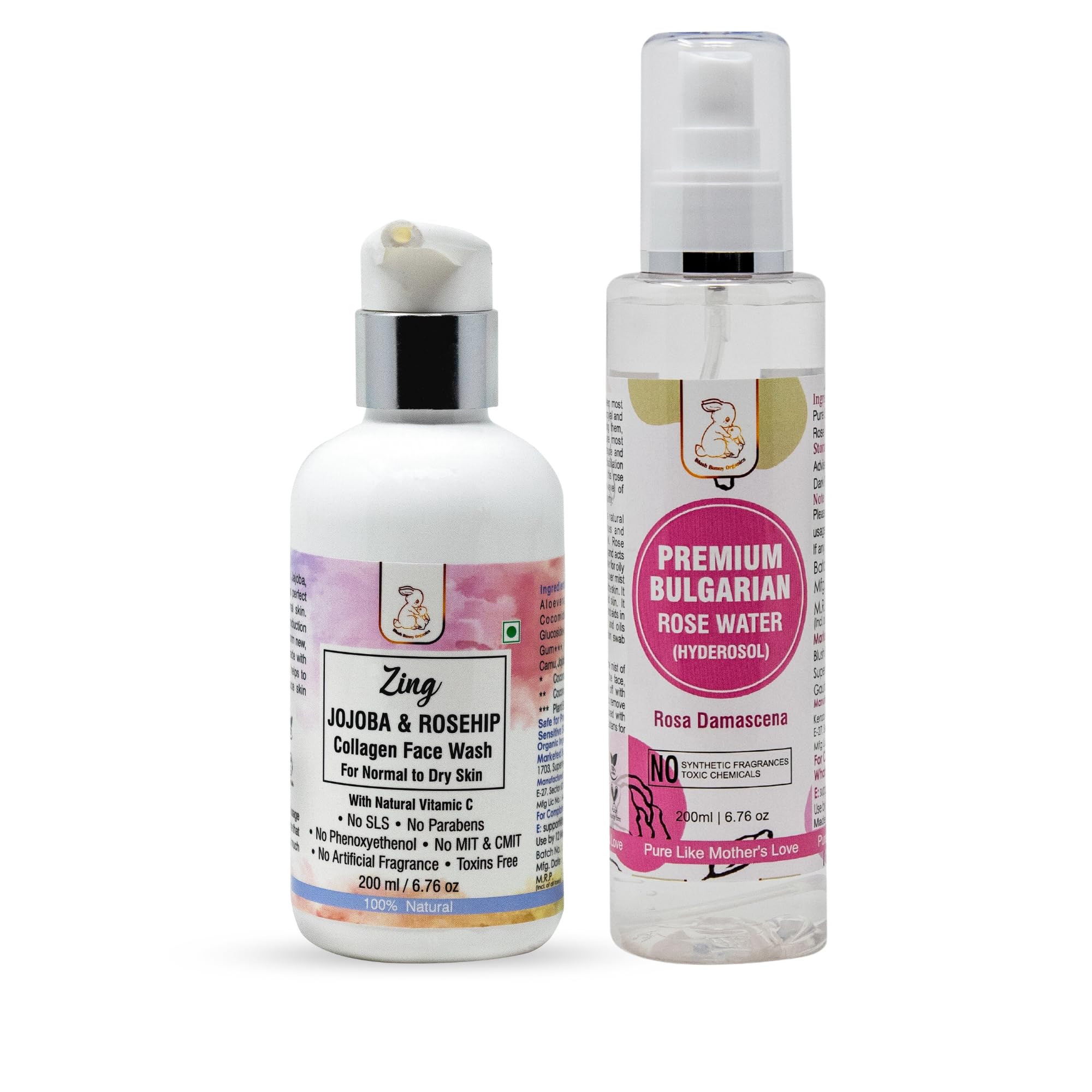 BBO pH Balanced Dry & Sensitive Skin Combo: Zing Collagen Face Wash & Steam-Distilled Bulgarian Rose Water Hydrosol | SLS, Paraben, Artificial Color & Fragrance Free | Gentle Cleansing & Hydration for Daily Skincare Routine