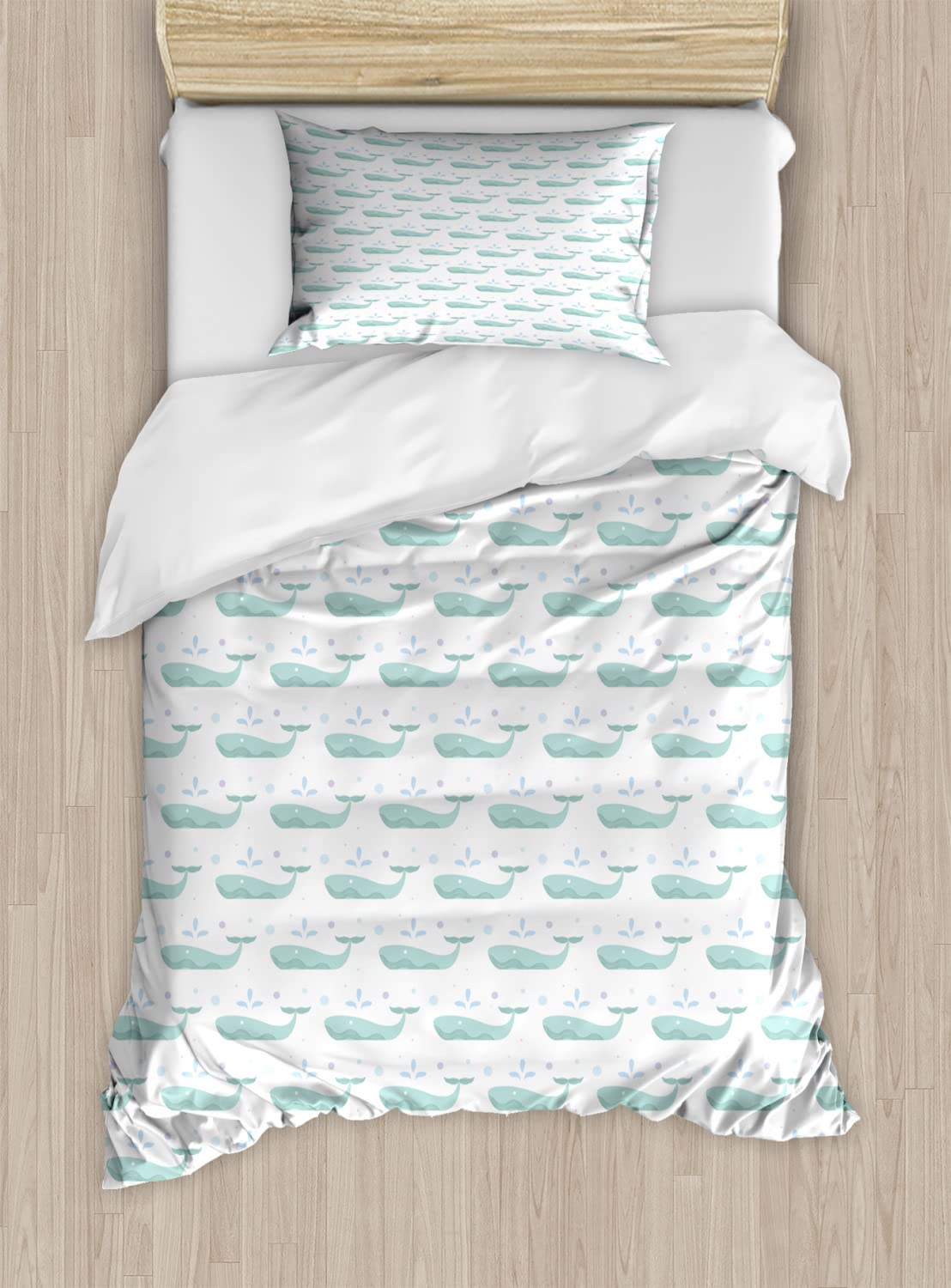 Ambesonne Whales Duvet Cover Set King Size 2-Pack - Abstract Symmetric Marine Mammal Fish Design with Mint Green & White Ocean Theme - Includes 2 Duvet Covers & 4 Pillowcases - Perfect for Coastal Bedroom Decor, Beach House Styling & Nautical Themed Rooms