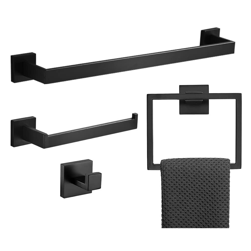 4-Piece Matte Black Bathroom Hardware Accessories Set - 16 Inch Towel Bar, Holder, Toilet Paper Stand & Hook Kit for Modern Bathroom Decor | Perfect for Home, Hotel & Spa Renovation