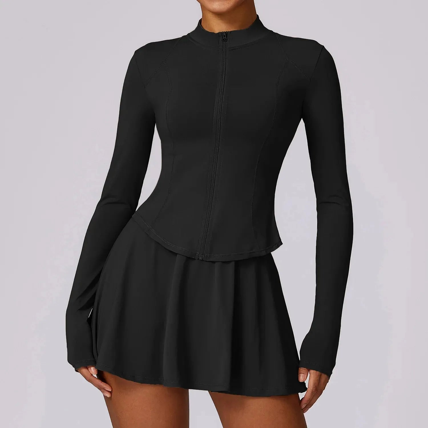 2PCS Women's Yoga Outfit - Sexy Zipper Long Sleeve Top & Short Skirt Gym Set for Running, Workout & Athletic Sports | Perfect for Yoga, Pilates & Fitness Training