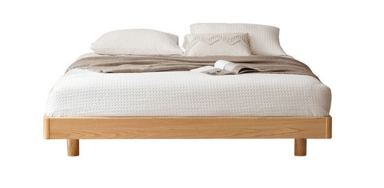 Solid Oak Wood Floating Platform Bed - No Headboard Modern Minimalist Bed Frame with LED Lights for Bedroom, Guest Room, or Studio Apartment