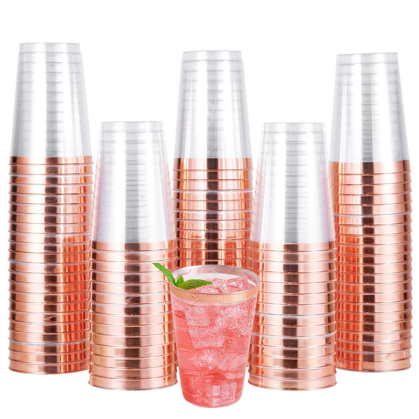 JOLLY CHEF 100 Pack 12 oz Rose Gold Rim Clear Plastic Cups - Elegant Disposable Tumblers for Wedding, Party, Birthday, Baby Shower & Bridal Shower - Perfect for Cocktails, Juice, Soda & Beverages