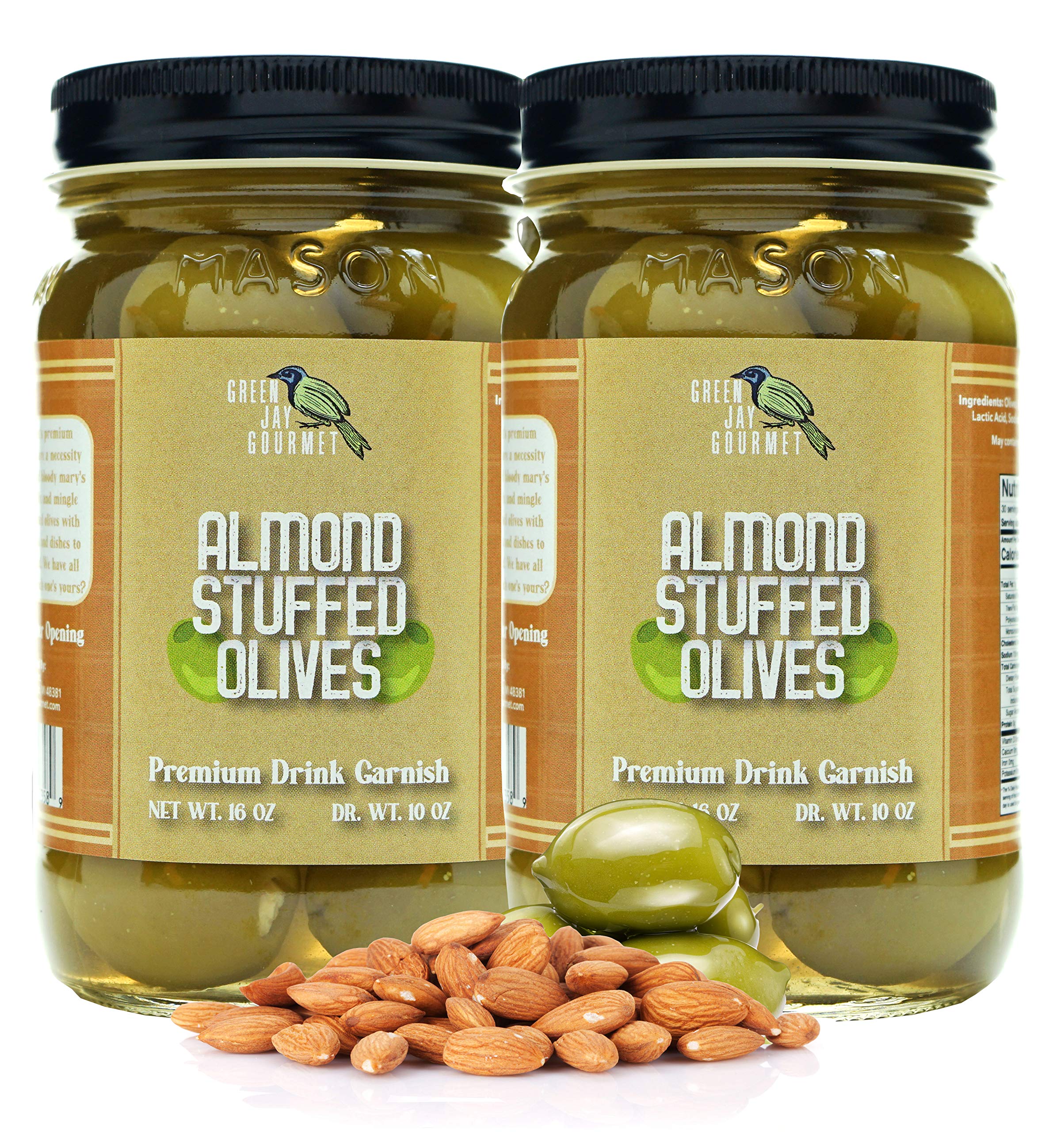 Premium Almond Stuffed Green Olives - All Natural Gourmet Olives for Cocktails, Cheese Boards & Dirty Martinis - Large 16oz Jars (Pack of 2) - Perfect for Entertaining, Charcuterie & Upscale Cocktail Garnish