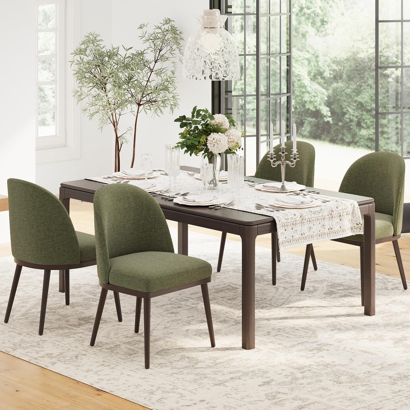 COLAMY Set of 4 Upholstered Dining Chairs - Modern Wooden Kitchen Chairs with Curved Backrest & Fabric Seat, Green - Perfect for Dining Room, Kitchen, and Breakfast Nook