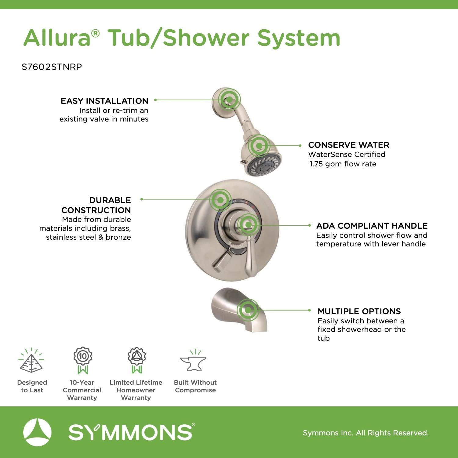 Symmons S7602STNRP Allura Tub and Shower System with Secondary Integral Volume Control in Satin Nickel Finish - Perfect for Modern Bathroom Renovations and Luxury Home Upgrades