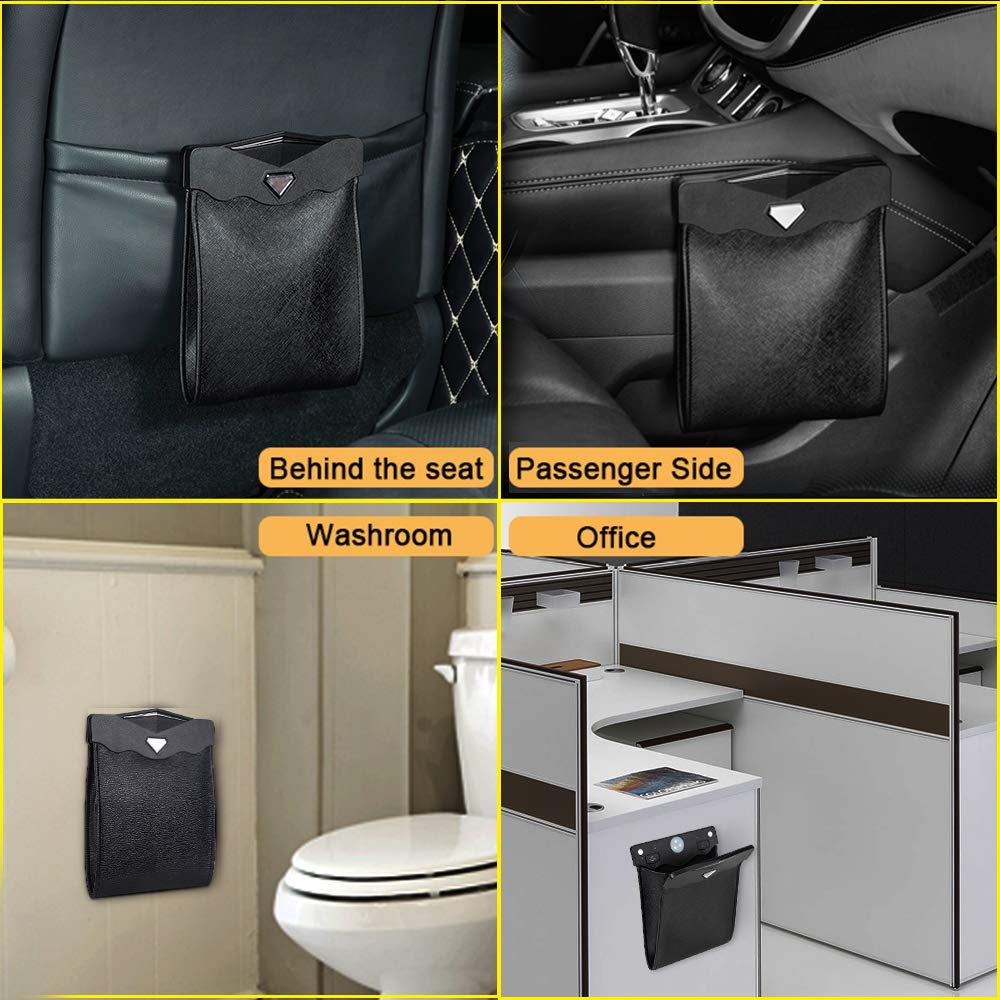 Smart LED Car Trash Can - Waterproof Leak-Proof Reusable Garbage Bag with Artificial Leather Storage Pocket for Passenger Side & Back Seat - Portable Travel & Office Waste Bin - Ideal for Road Trips, Commuting & Car Organization (Beige, 1 Pack)