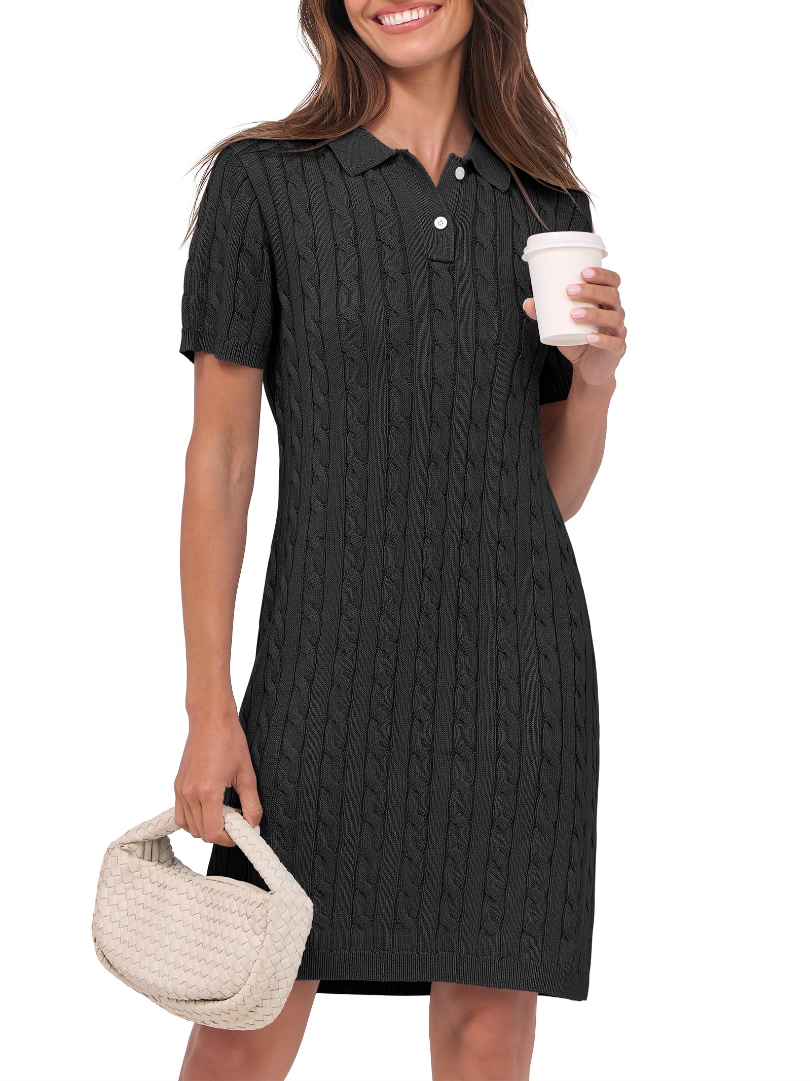 ANRABESS Women's Summer Short Sleeve V-Neck Cable Knit Polo Sweater Dress - Trendy Casual Mini Dress for 2025 | Perfect for Beach Outings, Date Nights & Weekend Brunch