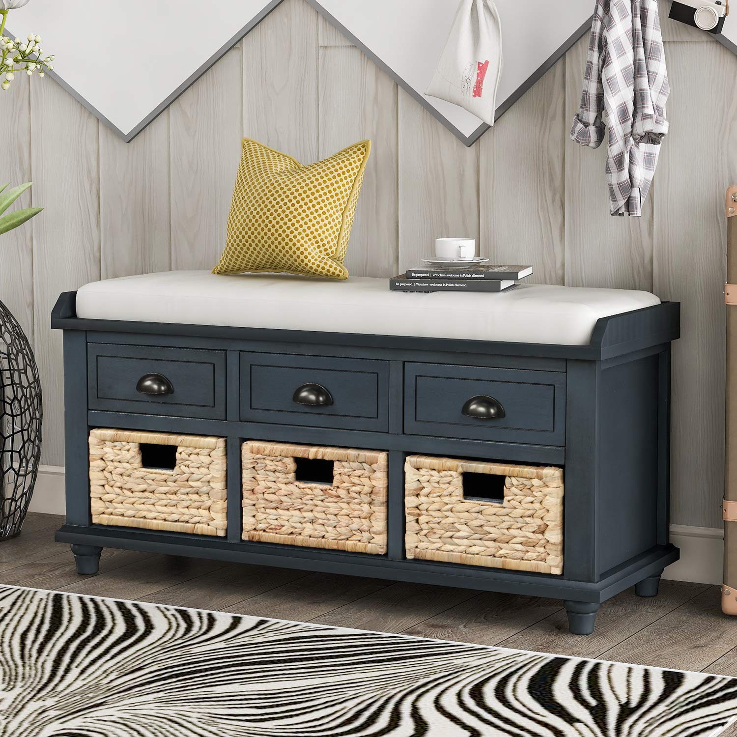 P PURLOVE Wood Storage Bench with Drawers & Baskets - Entryway Shoe Bench for Living Room, Hallway, Home Organization