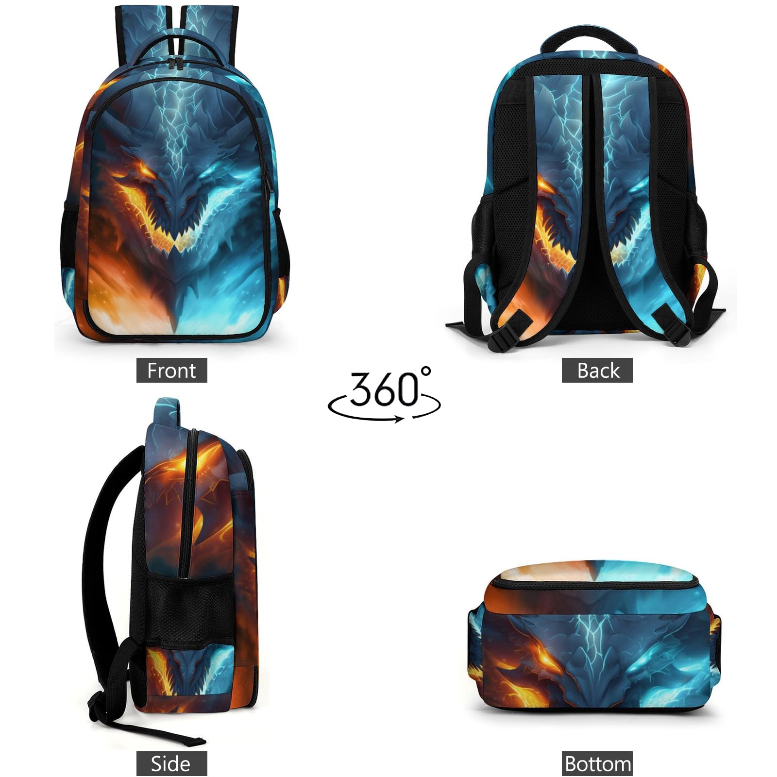**Blue Ice & Fire Dragon Backpack for Boys - 16.5 Inch Cool Fierce Dragon Kids Travel Backpack - Unique Laptop School Bag for Teens - Perfect for School, Travel & Gaming**