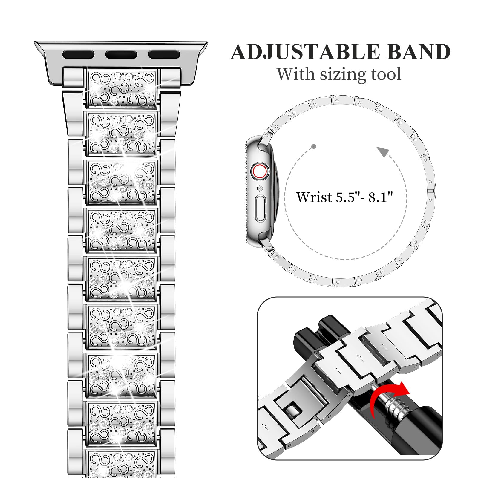 SUPOIX Luxury Bling Diamond Metal Band & 2 Pack Protective Case for Apple Watch Series 9/8/7 45mm - Elegant Jewelry Watch Strap for Women with Durable Cover (Silver) | Perfect for Daily Wear, Workouts & Special Occasions