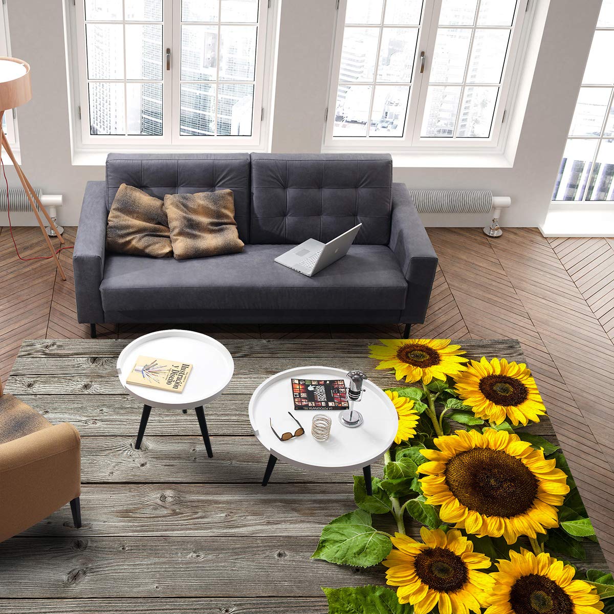 Super Soft Sunflower Large Area Rug 4' x 6' - Non-Slip Backing Indoor Outdoor Rug for Bedroom, Nursery, Living Room - Sunflower Wood Pattern Home Decor Rug for Cozy Home & Garden