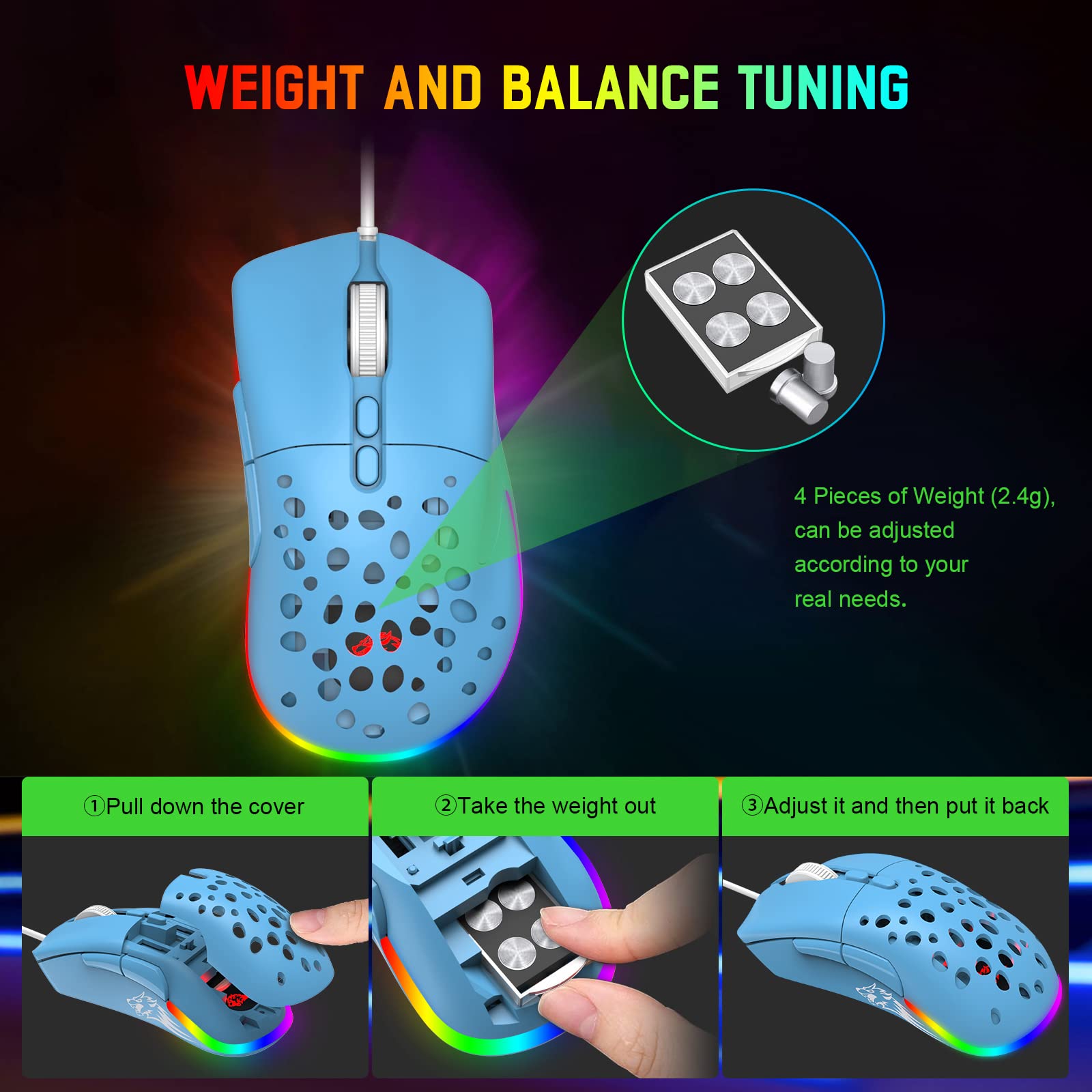 ZIYOU LANG G-PRO D19 RGB Wired Gaming Mouse - 12,000 DPI, Programmable 7 Buttons, Ultra-Light Honeycomb Shell for PC & Laptop - Blue | Perfect for FPS, MOBA & Esports Gaming