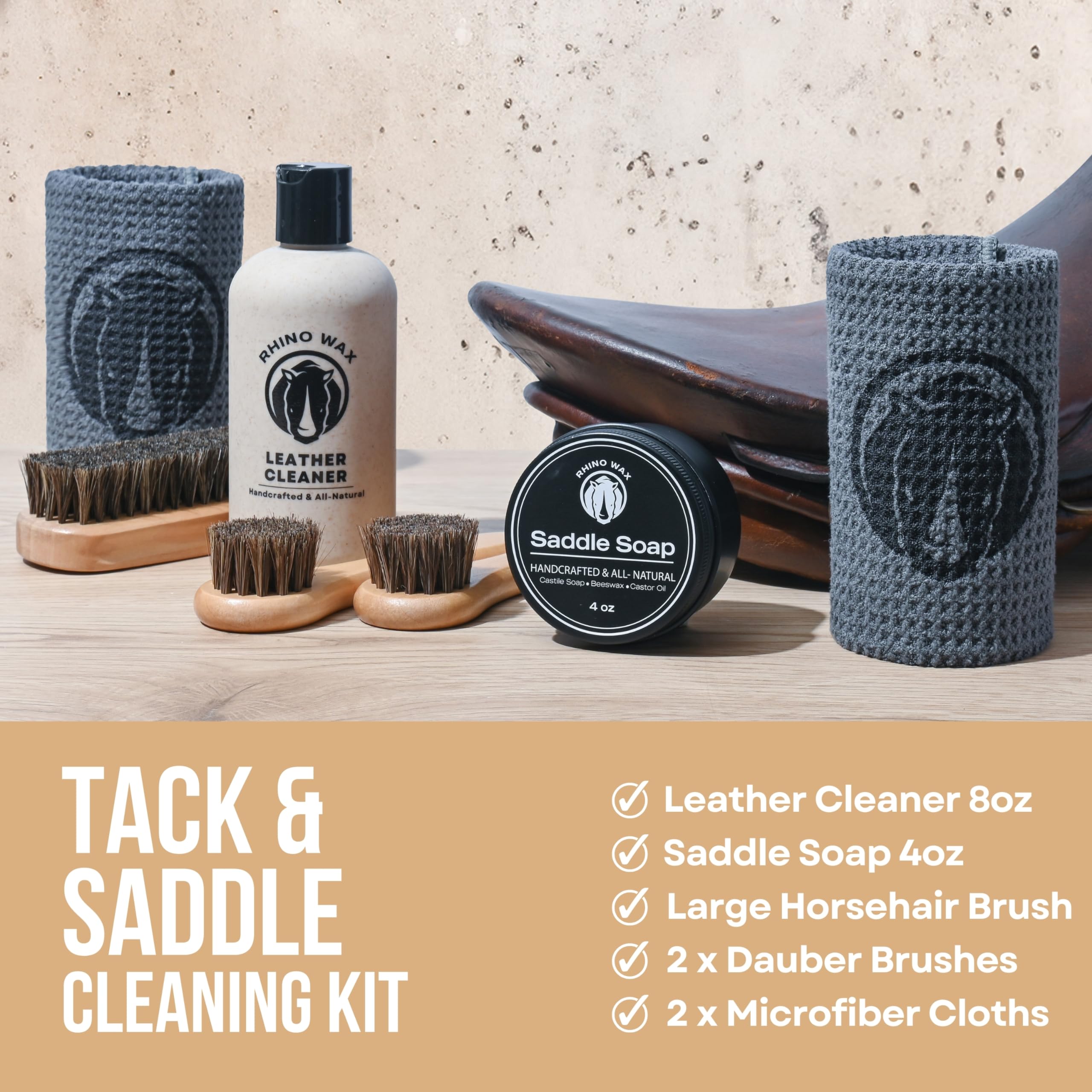 Premium Saddle Cleaning Kit (Saddle Soap, Leather Cleaner, Brushes & Cloths) - Complete Care for Saddles, Bridles, Boots, Reins & Leather Tack - Made in USA - Ideal for Equestrian Care & Leather Maintenance