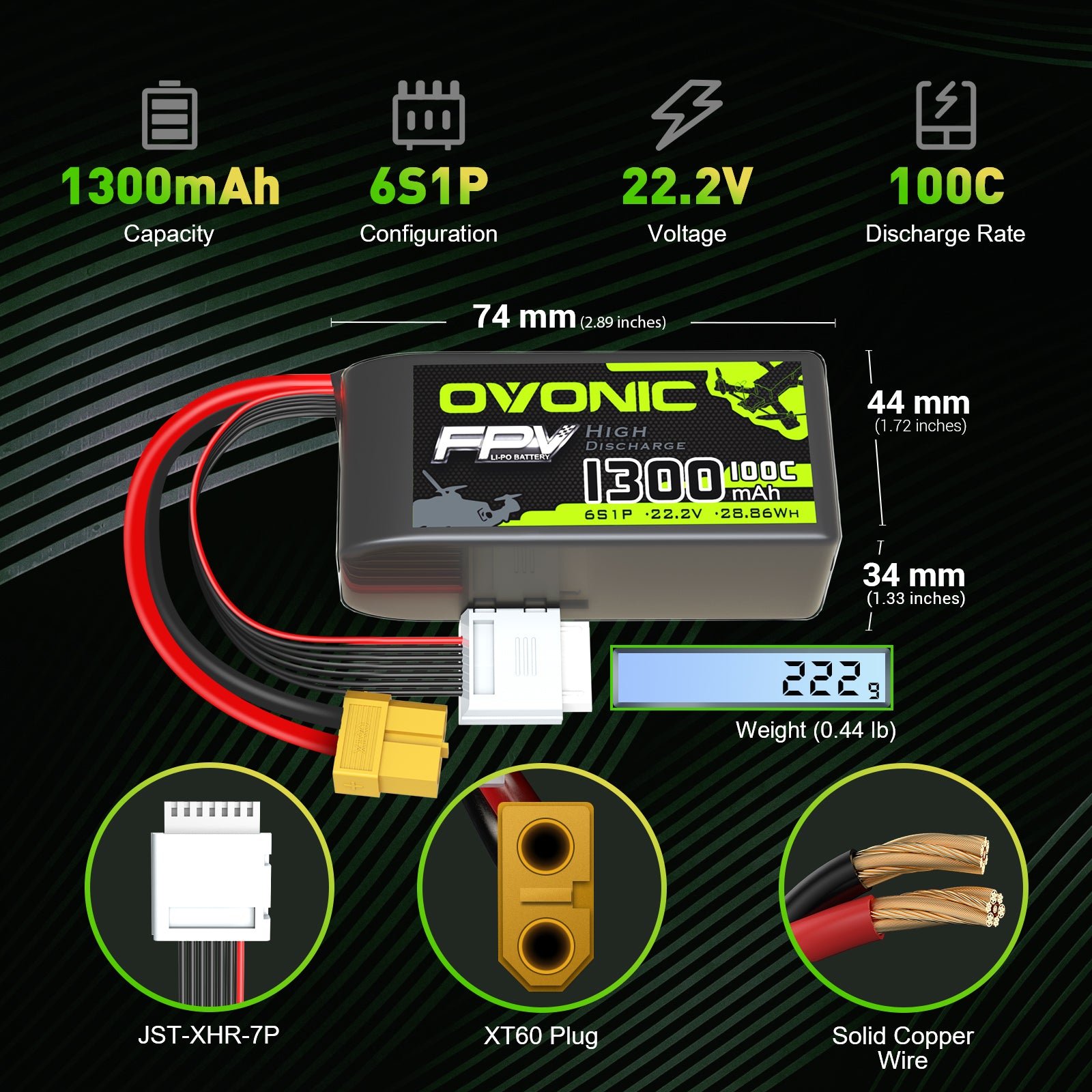 2×OVONIC 100C 6S 1300mAh 22.2V LiPo Battery Pack with XT60 Plug for FPV Drones, RC Cars, and Freestyle Racing - High Performance Rechargeable Battery for Long Flight Time