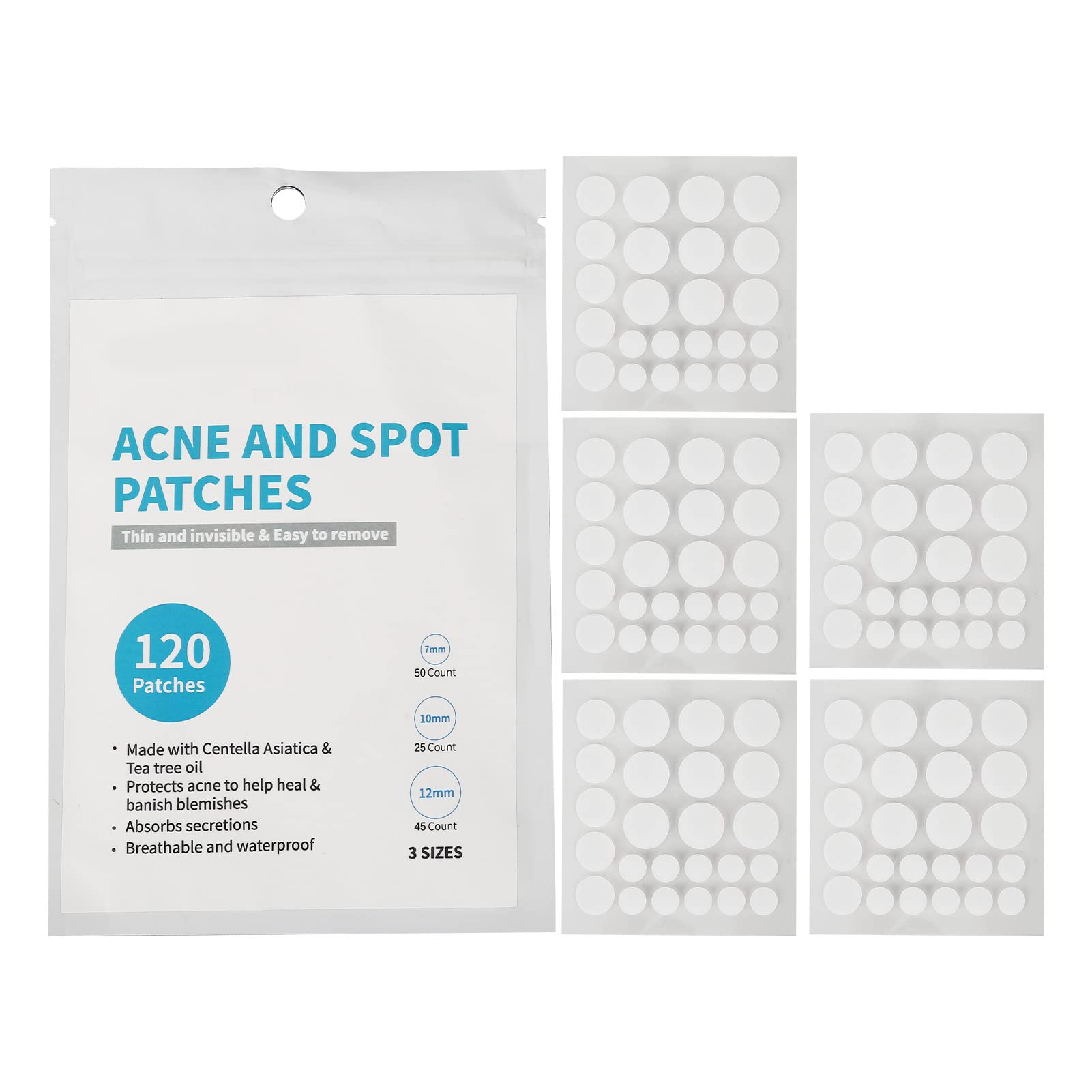 Hydrocolloid Acne Patches for Face - 120 Count Pimple Patches with Tea Tree Oil & Calendula Extract (3 Sizes) - Blemish Cover Stickers for Zits, Whiteheads & Cystic Acne - Perfect for Overnight Spot Treatment & Daily Skincare Routine