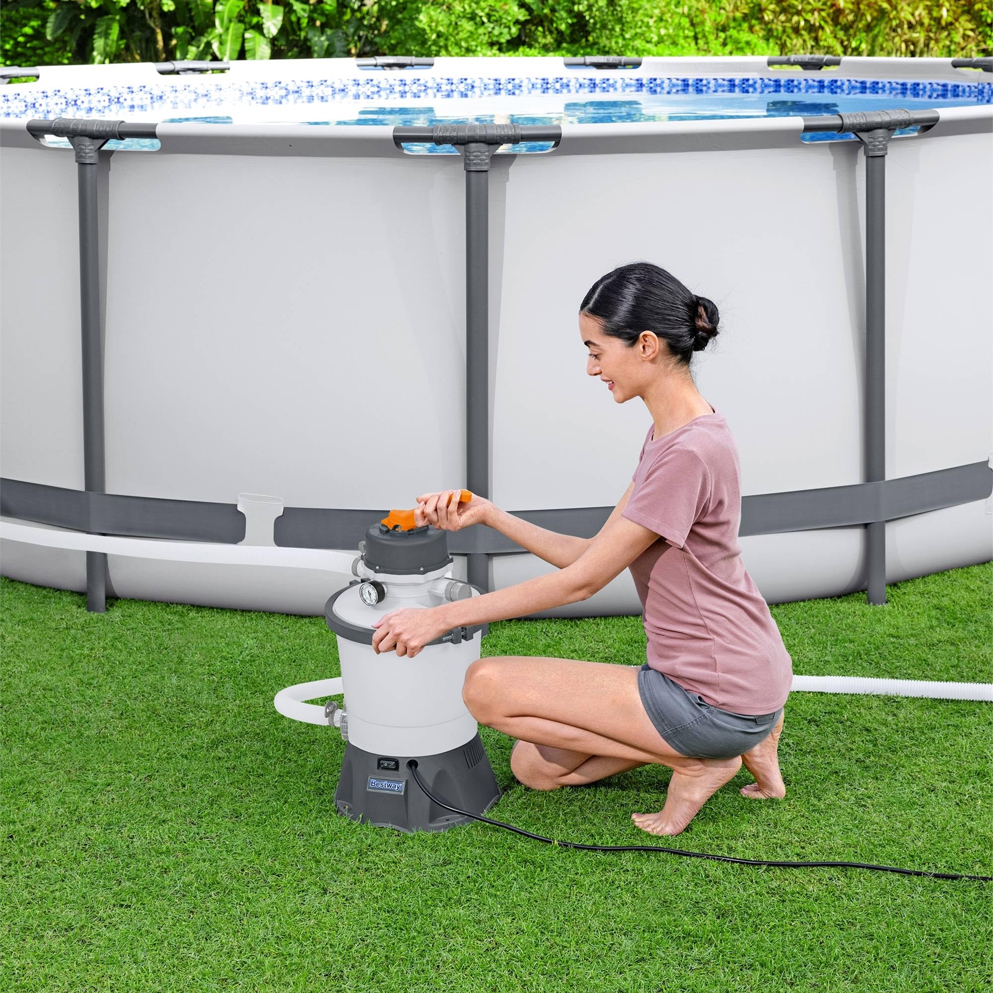 Bestway Flowclear 800 Gallon Sand Filter Pump for Above Ground Pools - Includes ChemConnect Chemical Dispenser, Pre-Filter Strainer & Top Flange Clamp - Easy Maintenance & Crystal Clear Water - Perfect for Backyard, Inflatable & Frame Pools (White)