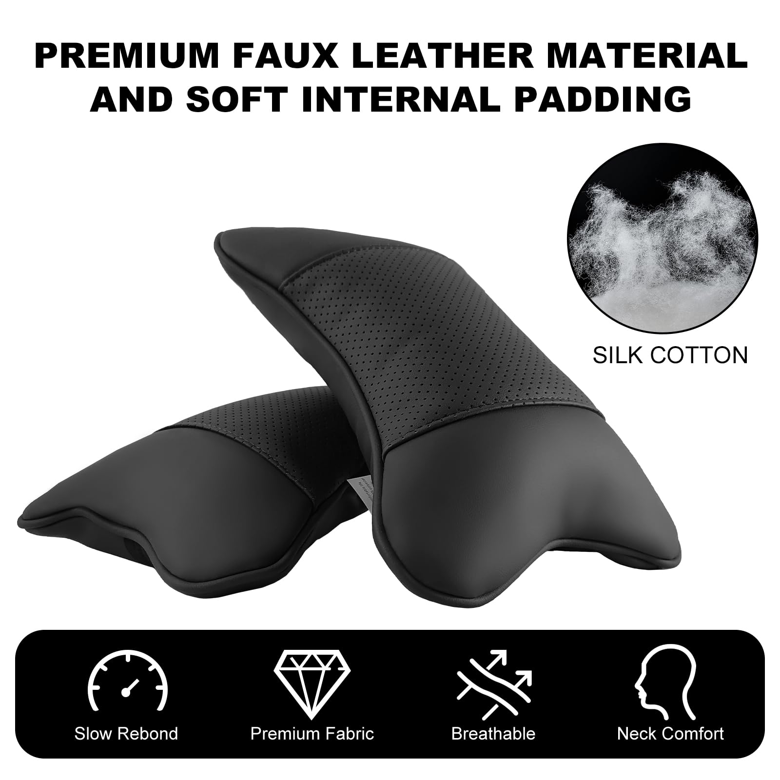 2 Pack Car Neck Pillow - PU Leather Automotive Headrest Pillow for Neck Pain Relief - Universal Car Travel Pillow (Black) - Perfect for Long Road Trips & Commuting Comfort