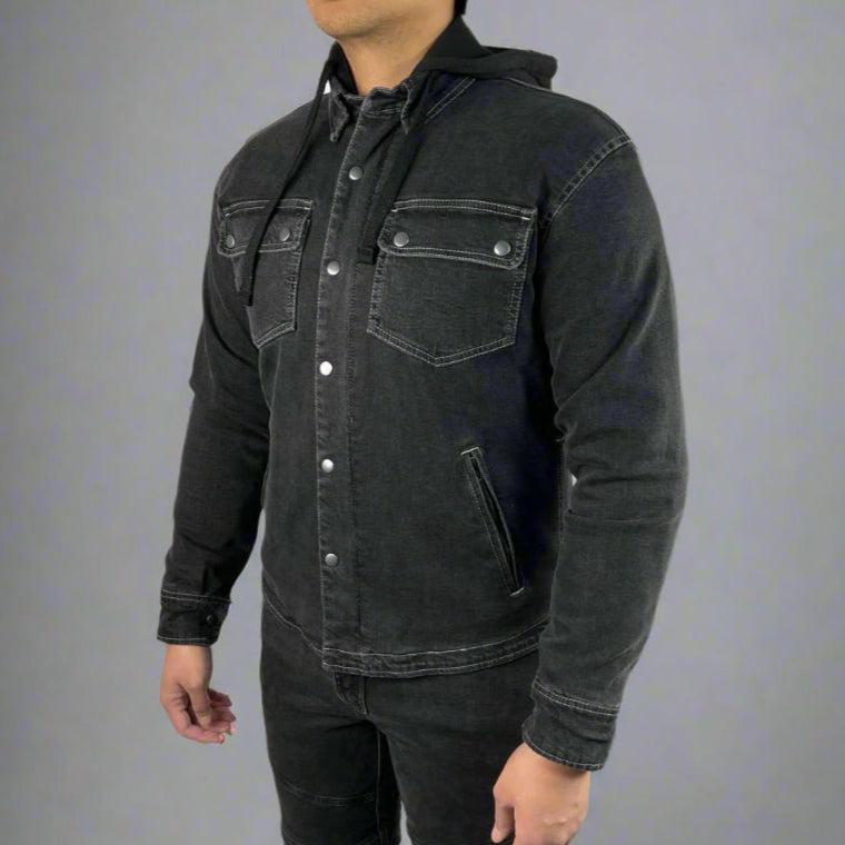 Men's Armored Denim Shirt with Removable Hoodie - Stylish Protective Jacket for Motorcycle Riding & Outdoor Adventures