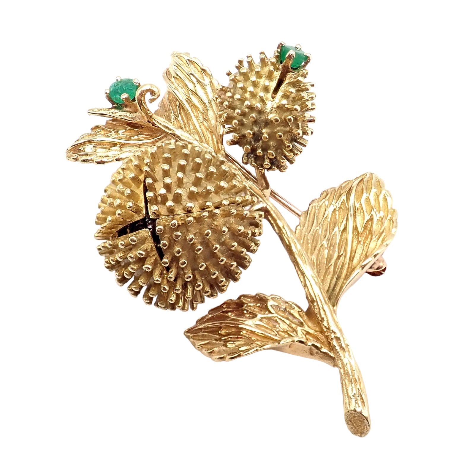 Tiffany & Co 18k Yellow Gold Diamond and Emerald Flower Night & Day Brooch Pin - Vintage Luxury Jewelry for Women, Perfect for Special Occasions & Evening Events